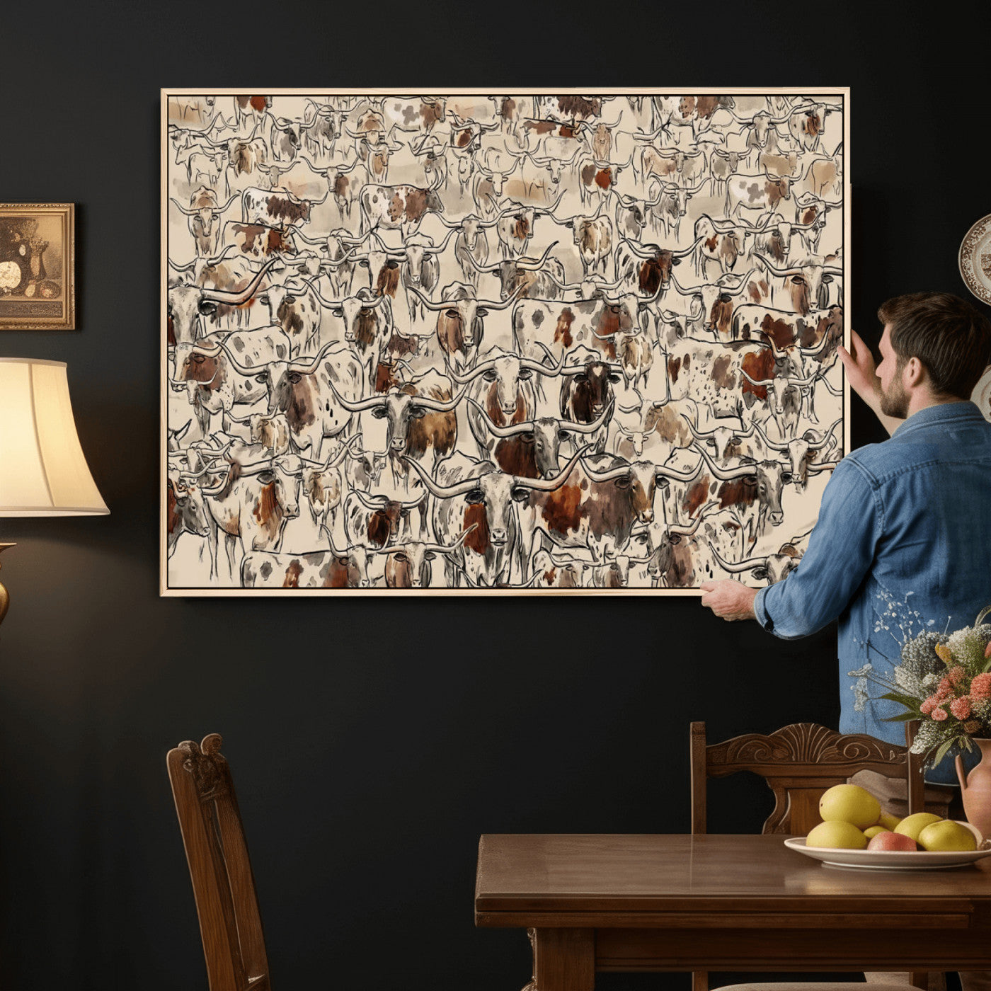 94808502-MGV-CV-36X24 - Farmhouse Animals Wall Art Canvas Print - Abstract Farm Animal Drawing Mid-Century Wall Art for Cabin Decor