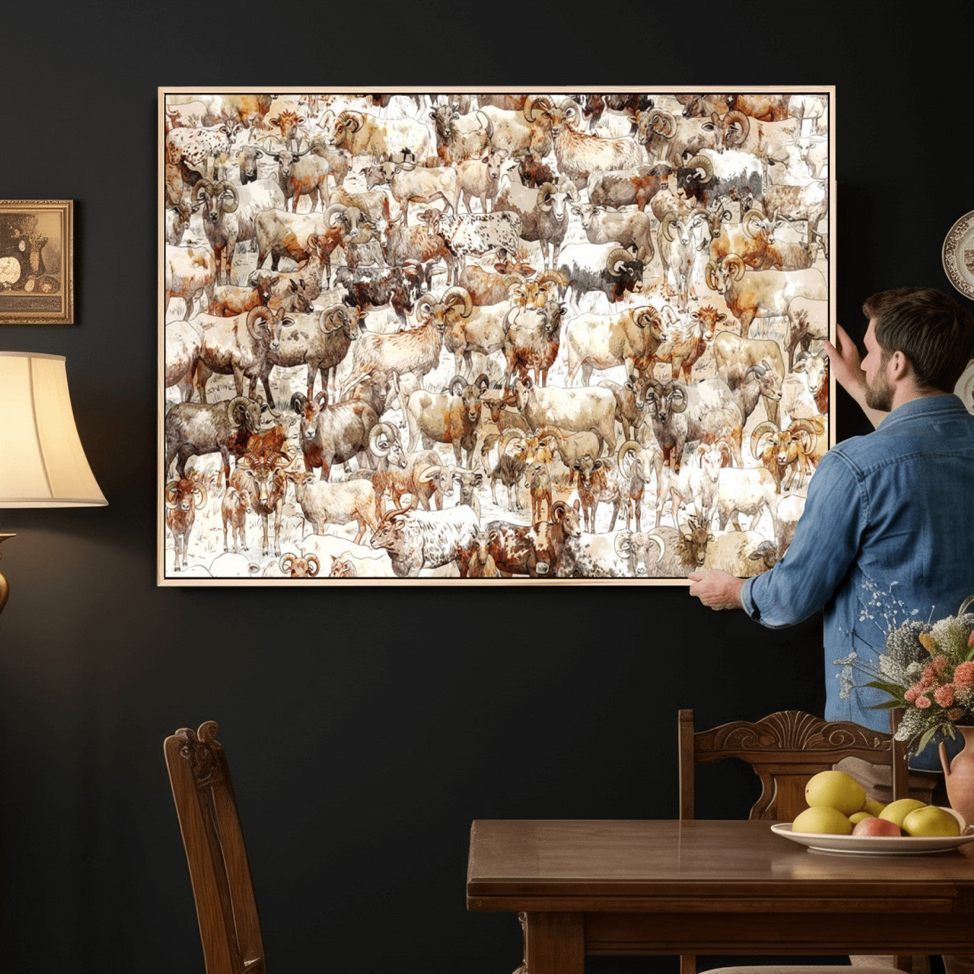 95103864-MGV-CV-36X24 - Farmhouse Animals Wall Art Canvas Print - Abstract Farm Animal Drawing Mid-Century Wall Art for Cabin Decor