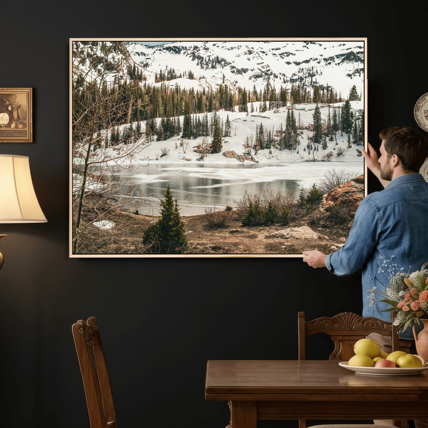 10336249-MGV-CV-36X24 - Snowy Mountain Landscape Wall Art Canvas Print, Alpine Pine Forest Winter Nature Wall Decor for Living Room and Office