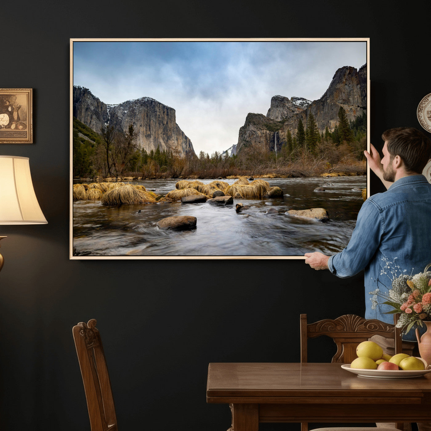 20458404-MGV-CV-36X24 - Yosemite Valley Mountain Landscape Wall Art Canvas Print, Granite Cliff Forest Valley Canvas Print, California National Park Scenic Art Printing