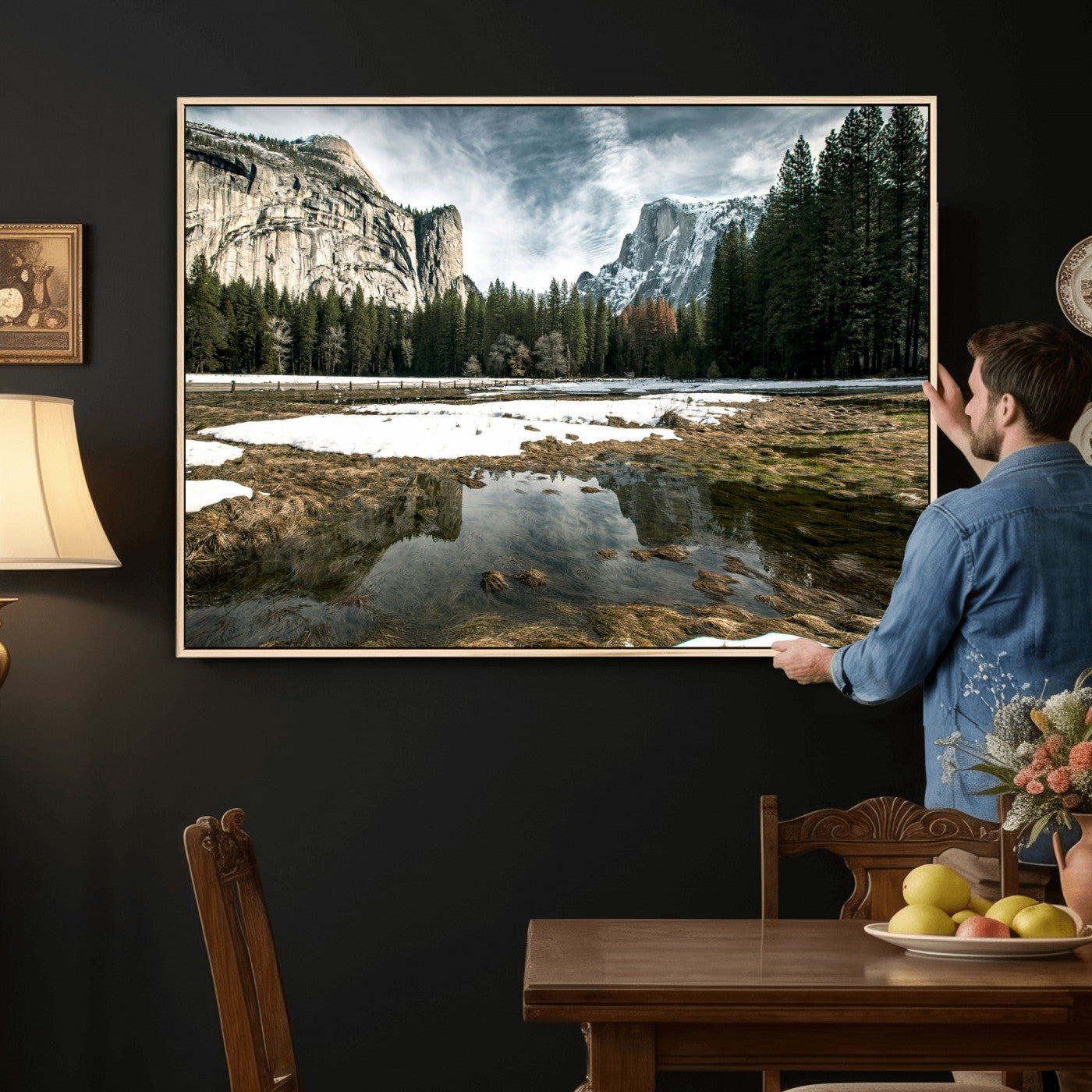 14527348-MGV-CV-36X24 - Yosemite Valley Mountain Landscape Wall Art Canvas Print, Granite Cliff Forest Valley Canvas Print, California National Park Scenic Art Printing