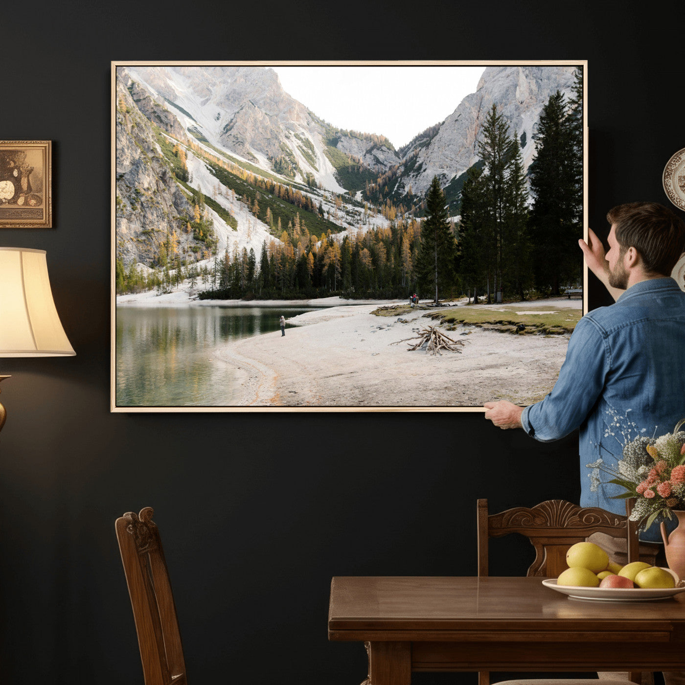 89246758-MGV-CV-36X24 - Lake Braies Alpine Landscape Wall Art Canvas Print, Dolomites Mountain Lake Forest Canvas Print, Italian Alps Scenic Nature Art Printing