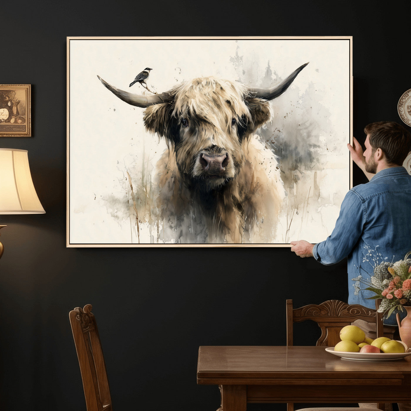 98249290-MGV-CV-36X24 - Abstract Highland Cow Watercolor Animal Wall Art Canvas Print, Rustic Farm Cattle Portrait Canvas Print, Neutral Wildlife Farmhouse Art Printing