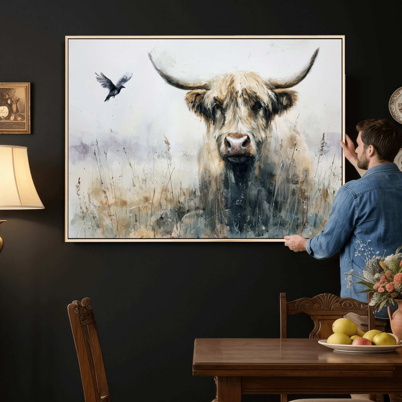 55652651-MGV-CV-36X24 - Abstract Highland Cow Watercolor Animal Wall Art Canvas Print, Rustic Farm Cattle Portrait Canvas Print, Neutral Wildlife Farmhouse Art Printing