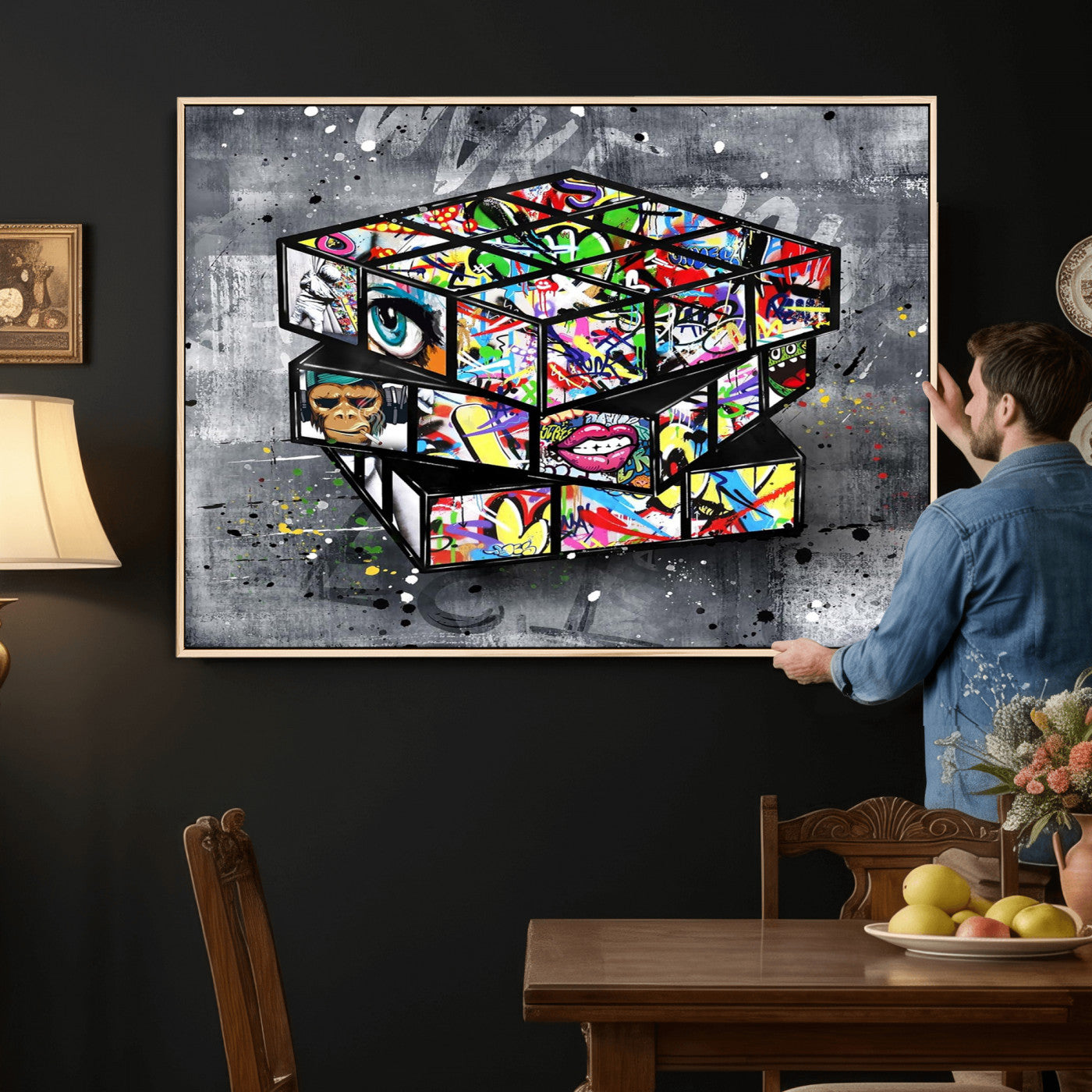 46789556-MGV-CV-36X24 - Graffiti Cube Abstract Street Art Wall Art Canvas Print, Colorful Urban Pop Art Geometric Canvas Print, Modern Street Art Contemporary Art Printing