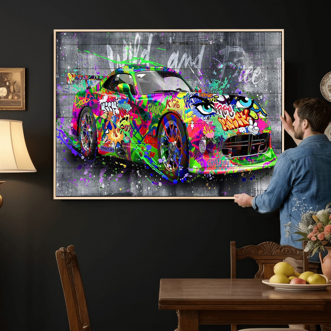 95314968-MGV-CV-36X24 - Graffiti Sports Car Street Art Wall Art Canvas Print, Colorful Urban Supercar Pop Art Canvas Print, Modern Graffiti Car Contemporary Art Printing
