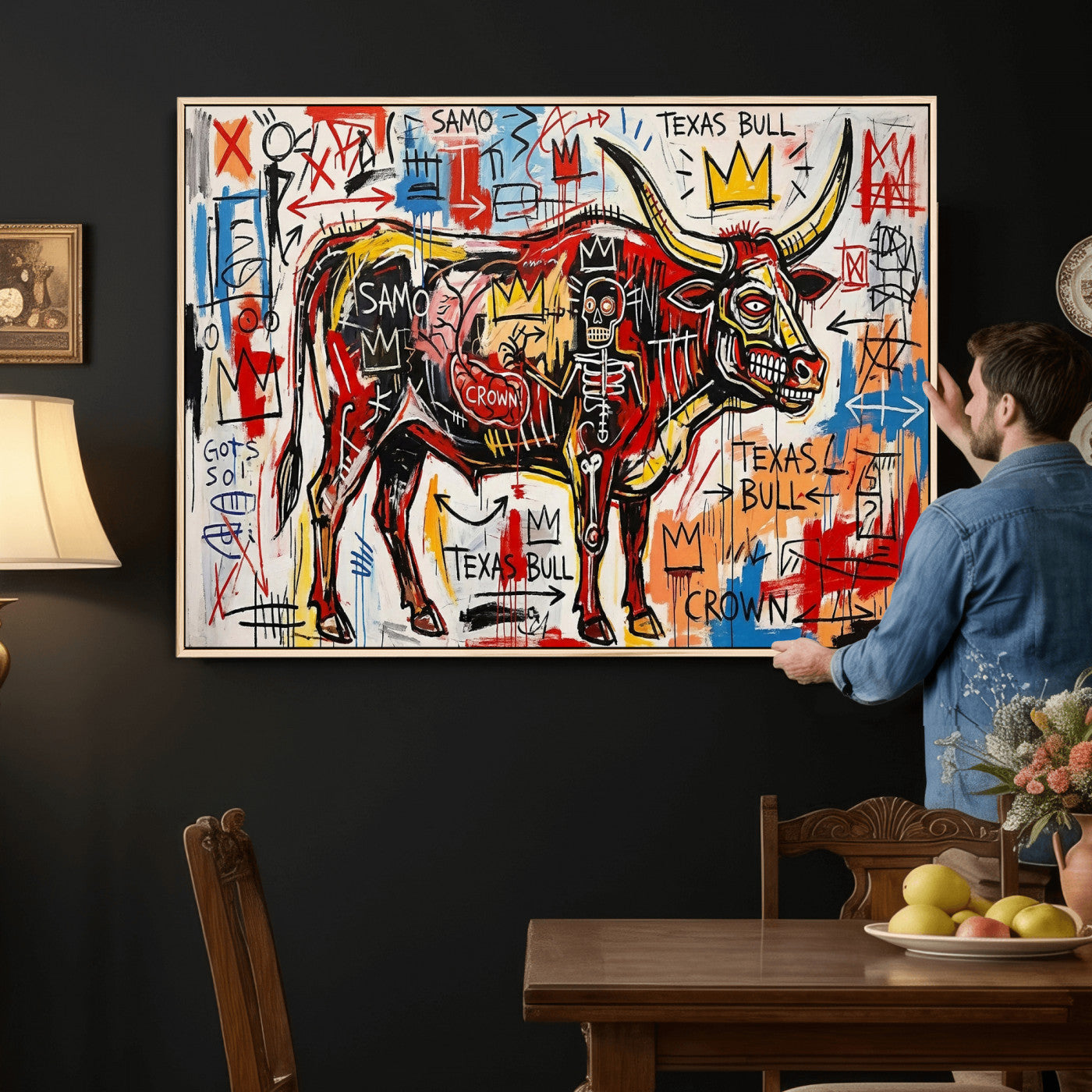 89504579-MGV-CV-36X24 - TITLE: Texas Bull Wall Art Canvas Print, Abstract Graffiti Bull Painting, Western Animal Art, Modern Ranch Decor