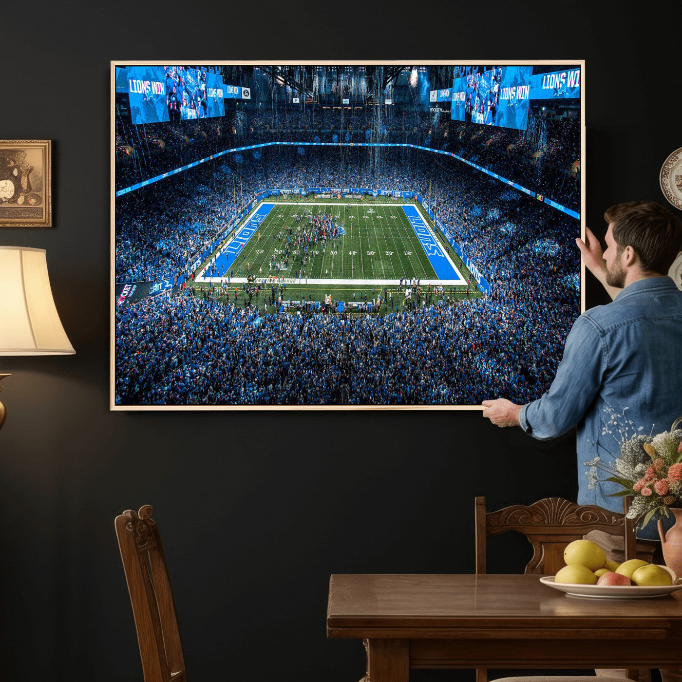80882005-MGV-CV-36X24 - Detroit Lions Stadium Wall Art Canvas Print, Football Field Panorama Artwork, NFL Game Night Stadium Decor