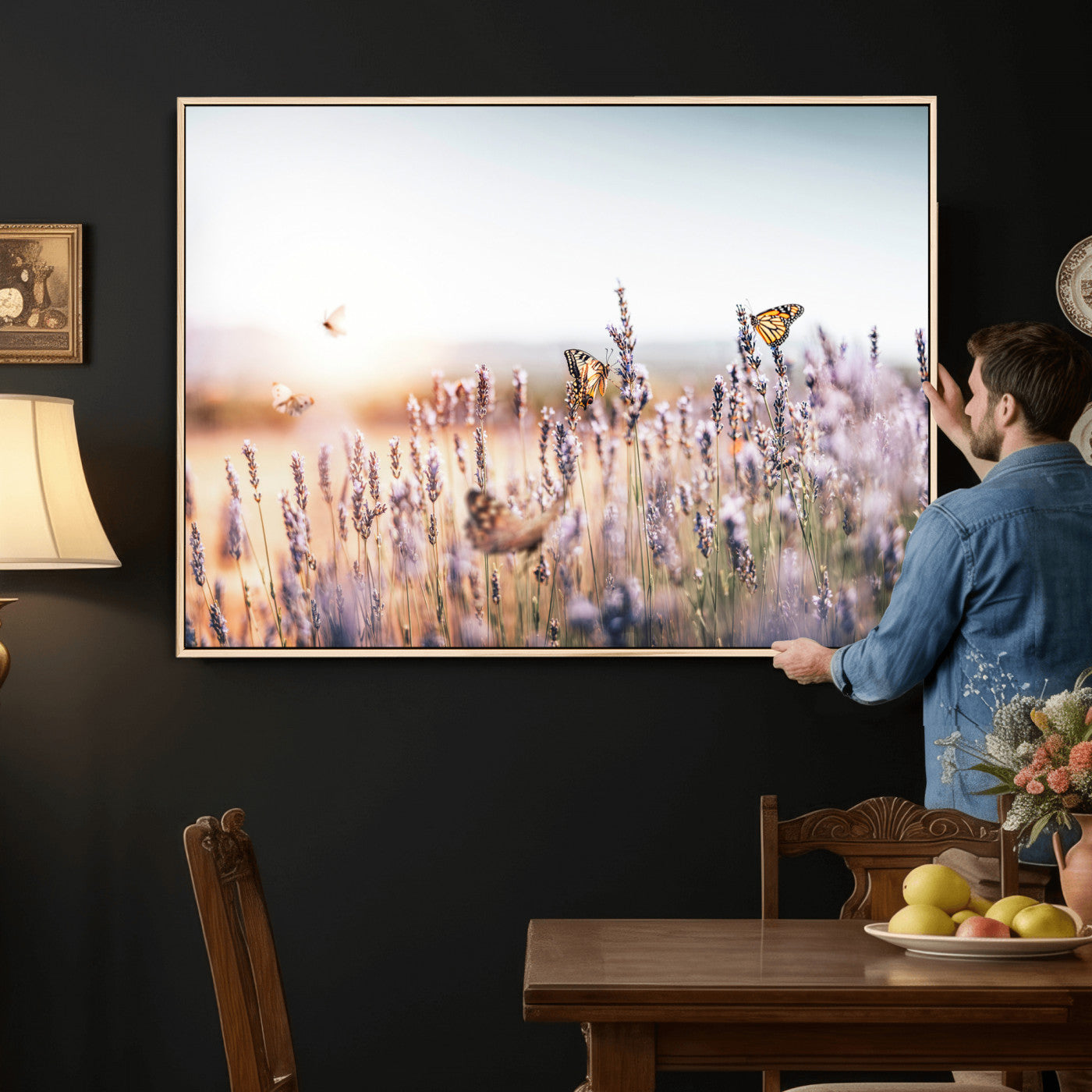 46417478-MGV-CV-36X24 - Lavender Field Wall Art Canvas Print, Butterfly Floral Landscape Art, Soft Nature Wall Decor for Bedroom