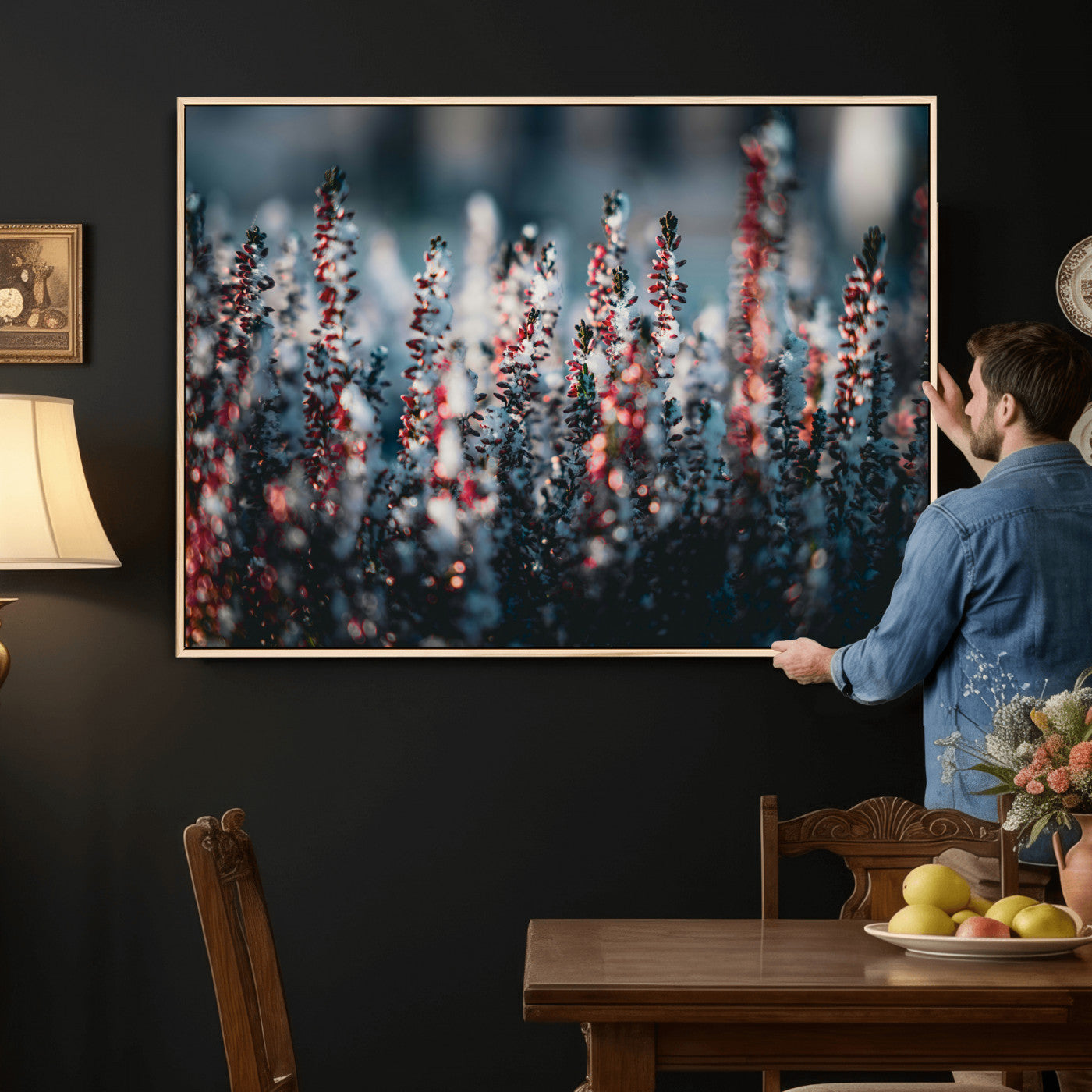82063935-MGV-CV-36X24 - Winter Heather Wall Art Canvas Print, Frosted Floral Nature Art, Moody Botanical Wall Decor