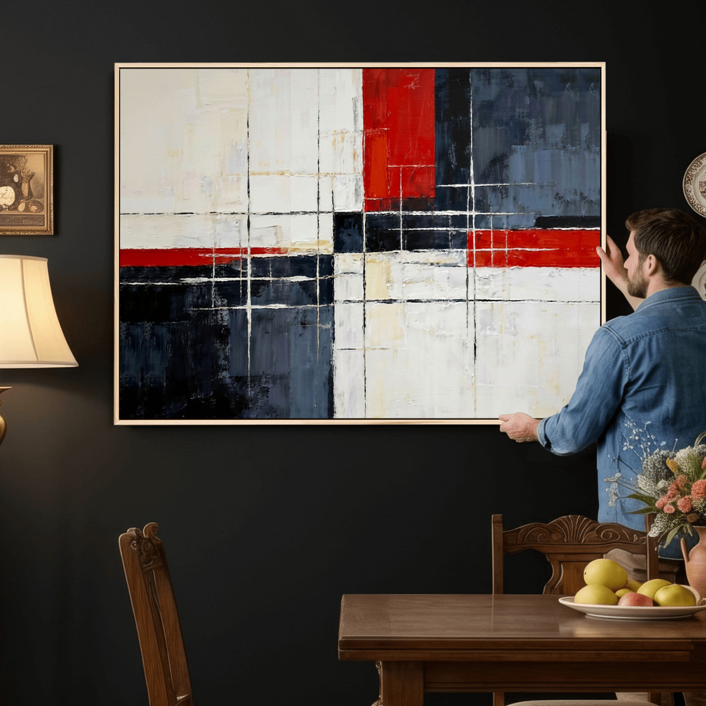 11921181-MGV-CV-36X24 - Navy Red Abstract Wall Art Canvas Print, Modern Luxury Geometric Painting Wall Decor for Living Room and Office