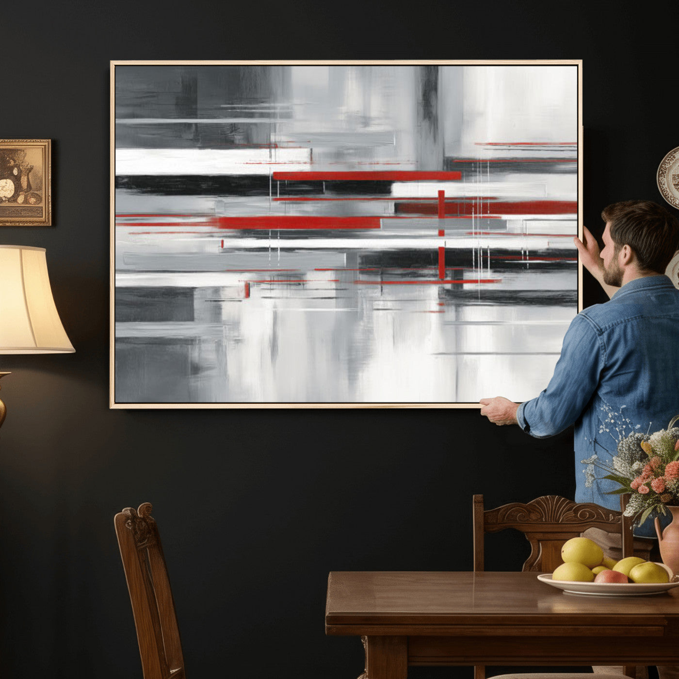 62640681-MGV-CV-36X24 - Gray Red Abstract Wall Art Canvas Print, Modern Abstract Canvas Wall Decor for Contemporary Living Room and Office