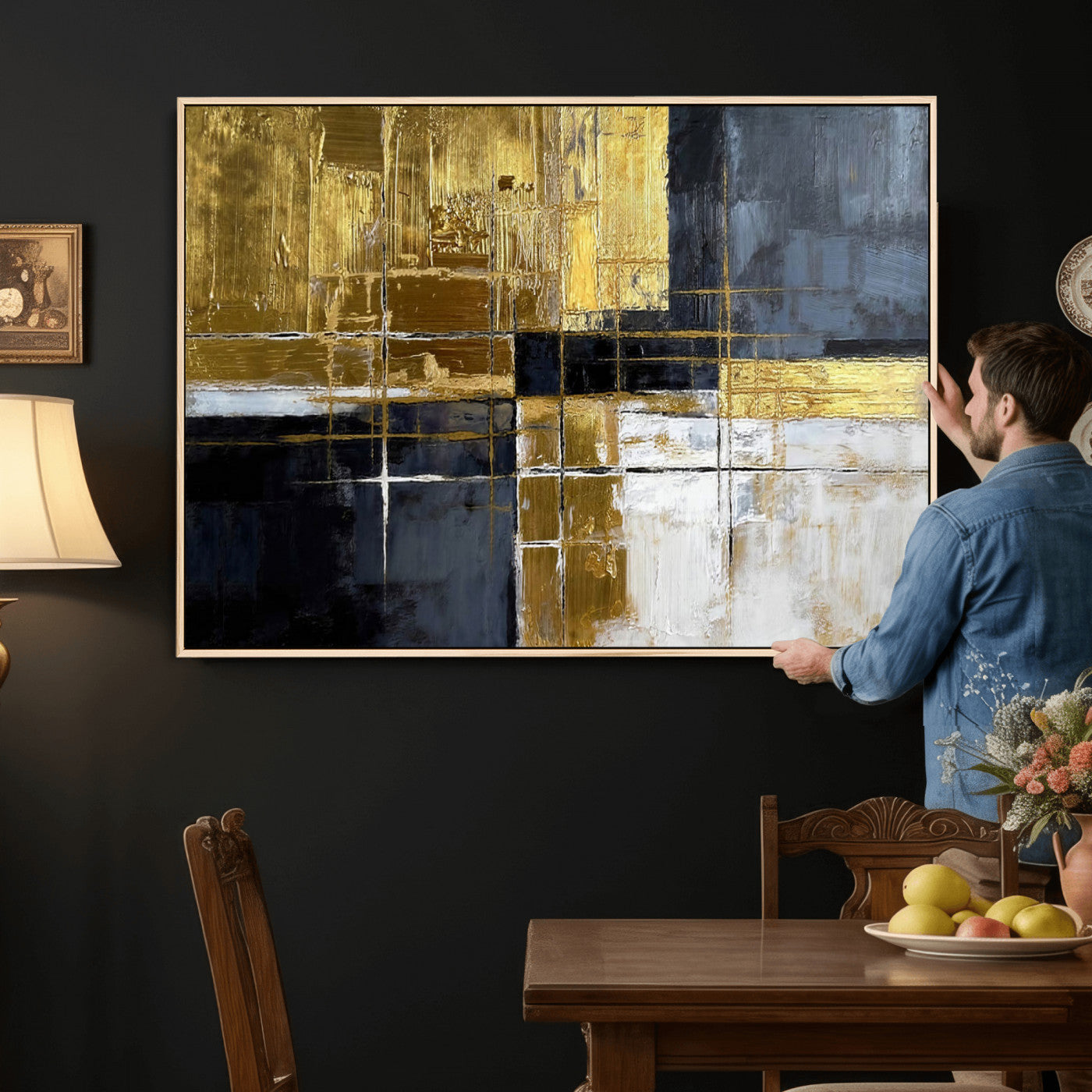 76917030-MGV-CV-36X24 - Gold Navy Abstract Wall Art Canvas Print, Modern Luxury Geometric Painting Wall Decor for Living Room and Office