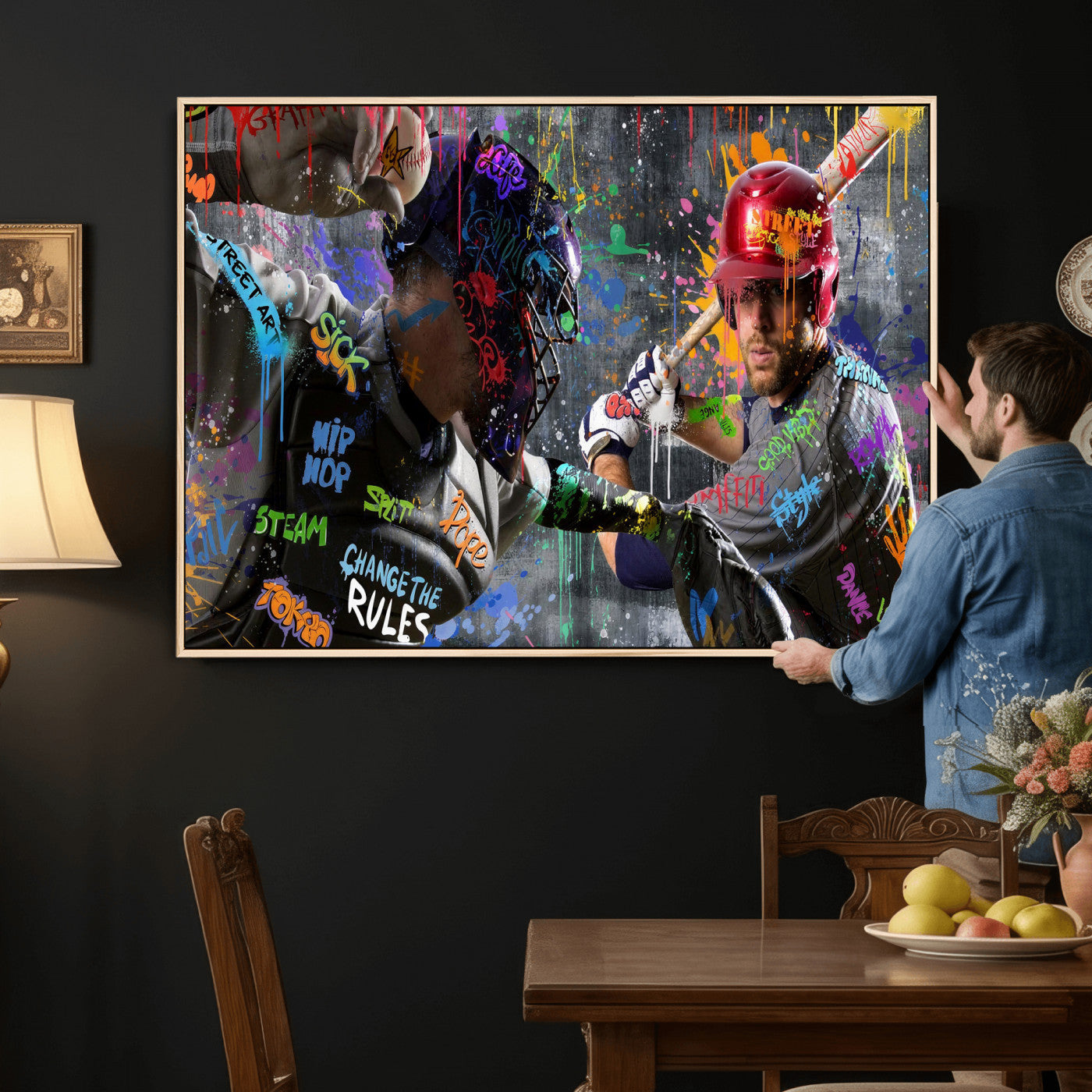 19634994-MGV-CV-36X24 - Graffiti Baseball Player Street Art Wall Art Canvas Print, Urban Sports Pop Art Baseball Canvas Print, Modern Athletic Graffiti Contemporary Art Printing