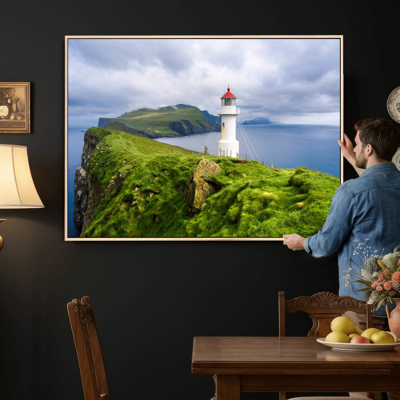 10680390-MGV-CV-36X24 - Coastal Lighthouse Wall Art Canvas Print, Cliffside Ocean Landscape Canvas Print, Scandinavian Coastal Decor for Living Room