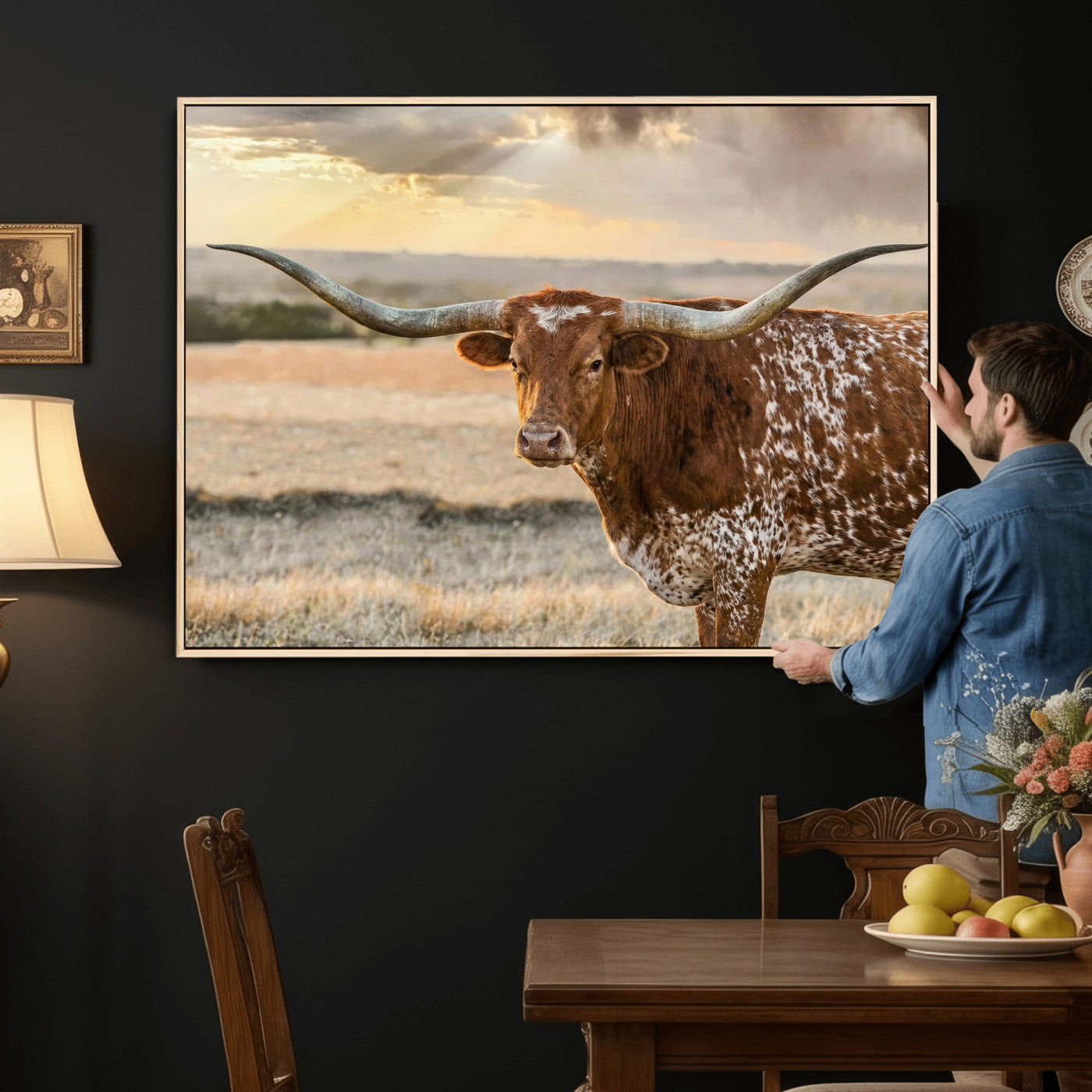 16502384-MGV-CV-36X24 - Texas Longhorn Wall Art Canvas Print, Western Ranch Bull Photography Canvas Print, Rustic Farmhouse Cattle Artwork for Living Room Decor