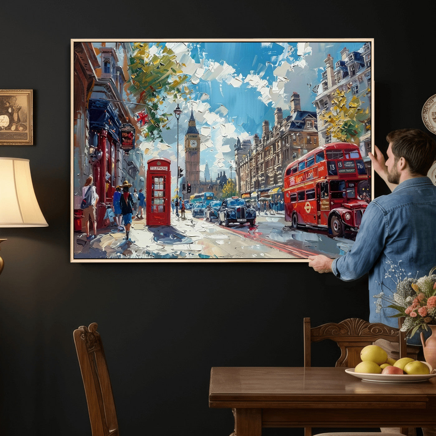 17630888-MGV-CV-36X24 - Modern London City Street Wall Art Canvas Print, Big Ben & Red Bus Artwork Canvas Print
