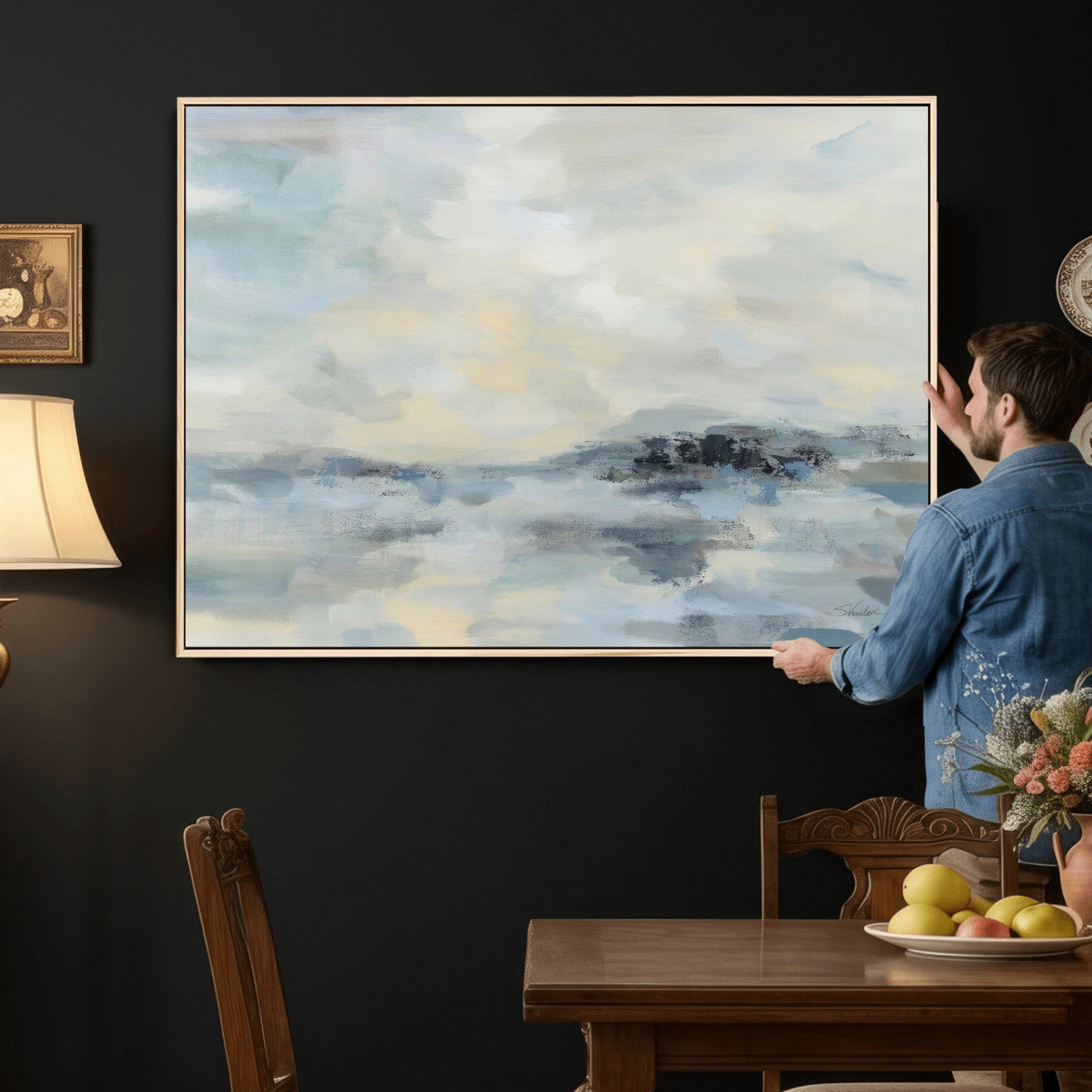 24647355-MGV-CV-36X24 - Abstract Coastal Landscape Wall Art Canvas Print – Soft Blue Gray Minimalist Painting