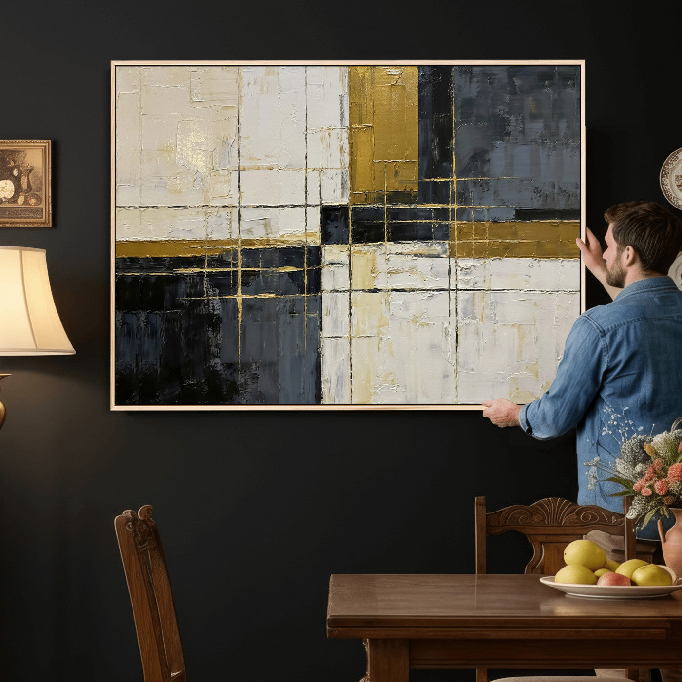 36097945-MGV-CV-36X24 - Abstract Gold and Black Wall Art Canvas Print – Modern Geometric Neutral Artwork for Living Room Decor