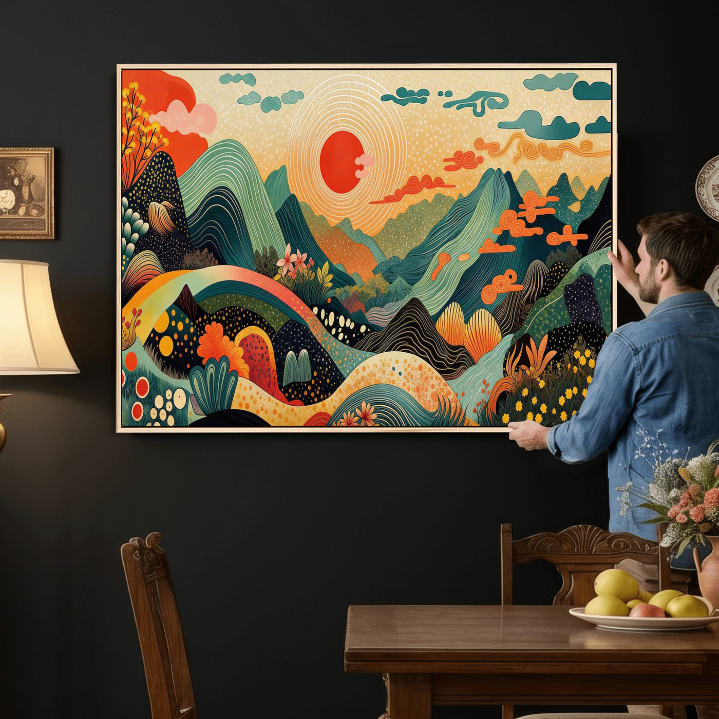 29927191-MGV-CV-36X24 - Yayoi Kusama Boho Mountain Landscape Large Wall Art, Horizontal Gold Framed Canvas Print with Sun and Flowers