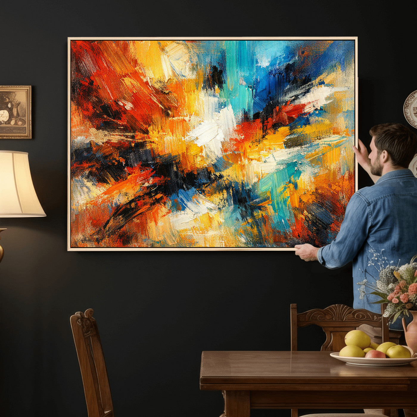 93167583-MGV-CV-36X24 - Geometric Abstract Wall Art Canvas Print, Orange Blue Abstract Expressionist Painting Print, Modern Geometric Abstract Canvas Art