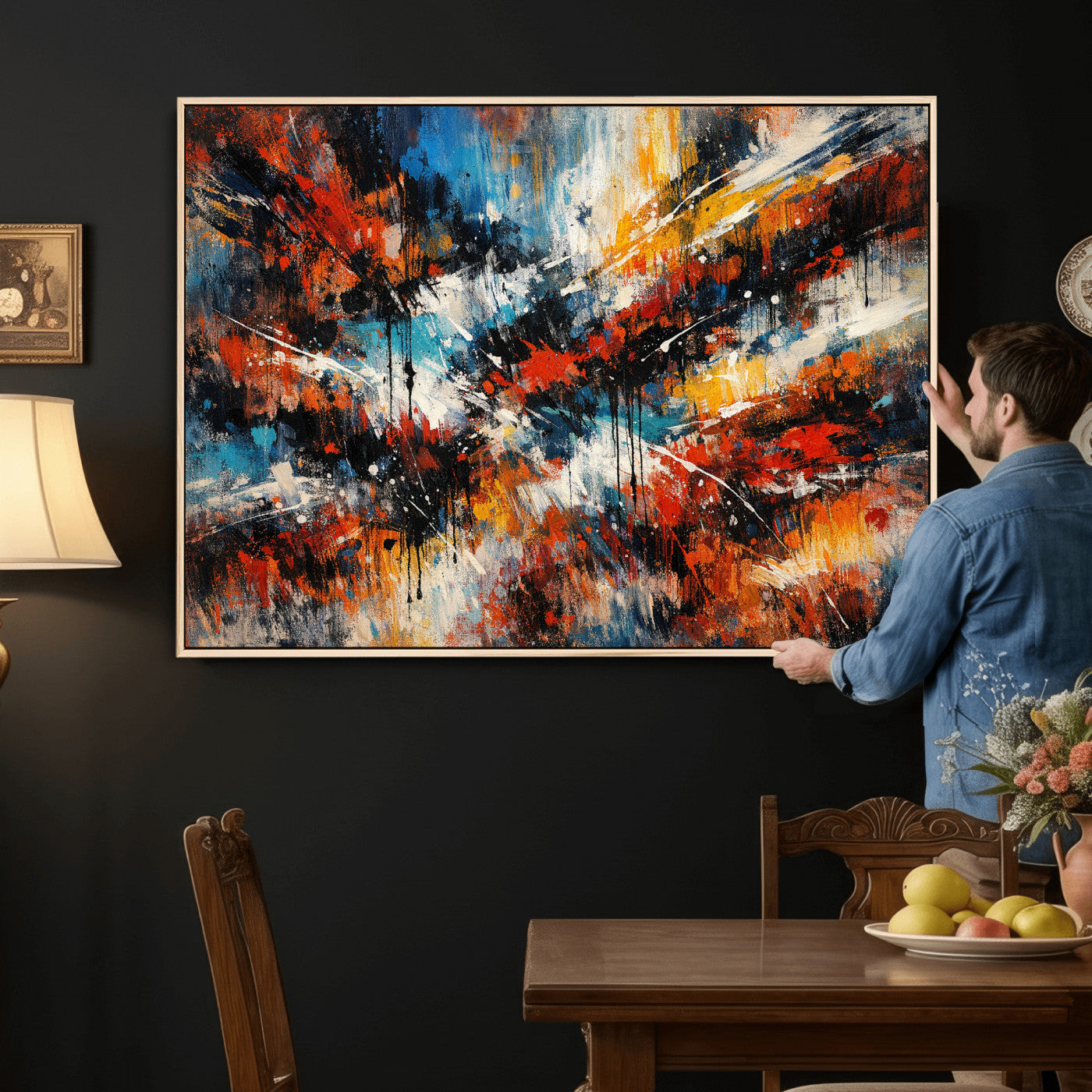 80276069-MGV-CV-36X24 - Geometric Abstract Wall Art Canvas Print, Orange Blue Abstract Expressionist Painting Print, Modern Geometric Abstract Canvas Art