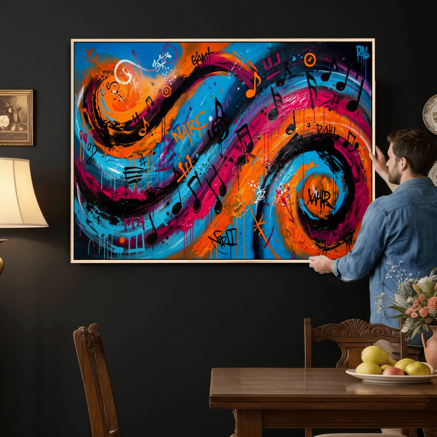 34936518-MGV-CV-36X24 - Geometric Abstract Wall Art Canvas Print, Orange Blue Abstract Expressionist Painting Print, Modern Geometric Abstract Canvas Art