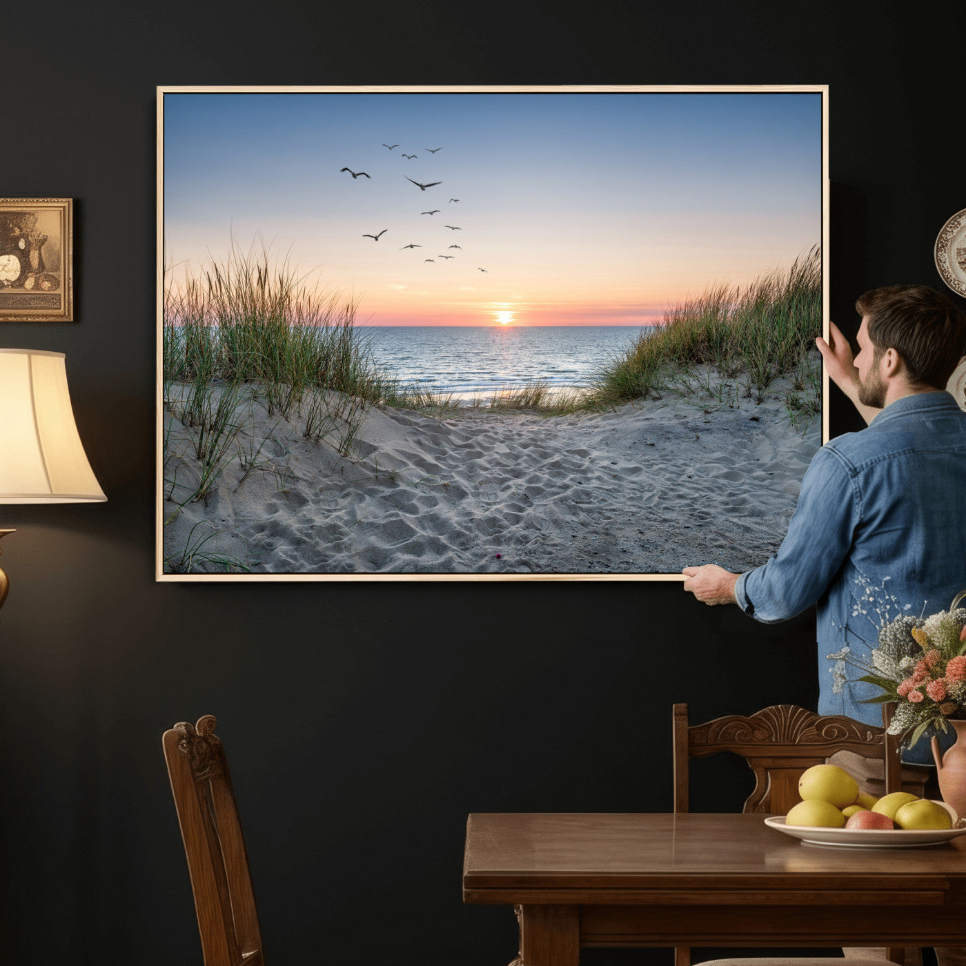 12172032-MGV-CV-36X24 - Sandy Dune Path Sunset Canvas Wall Art — Seagulls Beach Ocean Photography Print | Coastal Home Decor | Nautical Wall Art | Beach House Gift