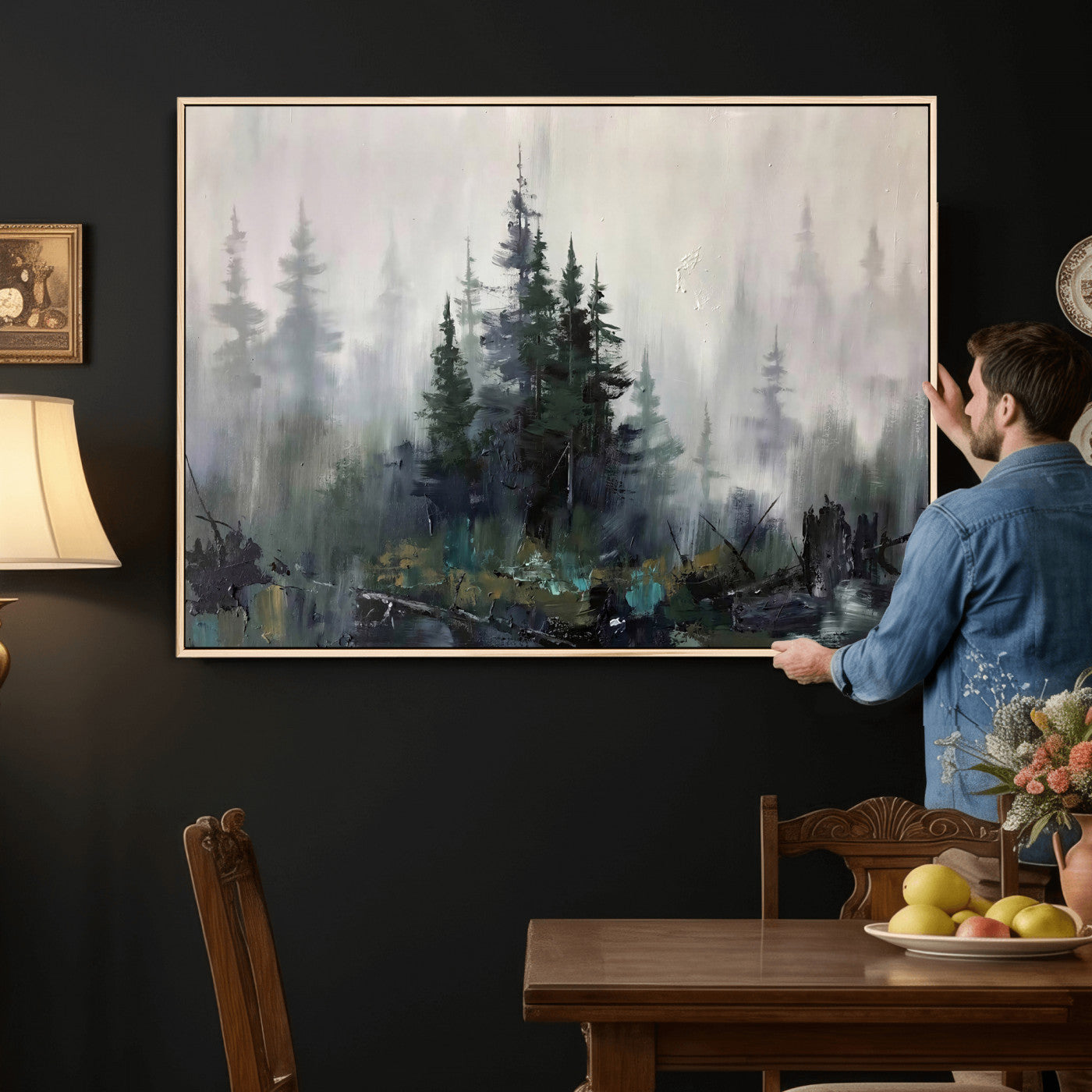 94143325-MGV-CV-36X24 - Misty Pine Forest Oil Painting Canvas — Dark Moody Teal Grey Tree Print | Japandi Scandinavian Wall Art | Minimalist Nature Decor Gift
