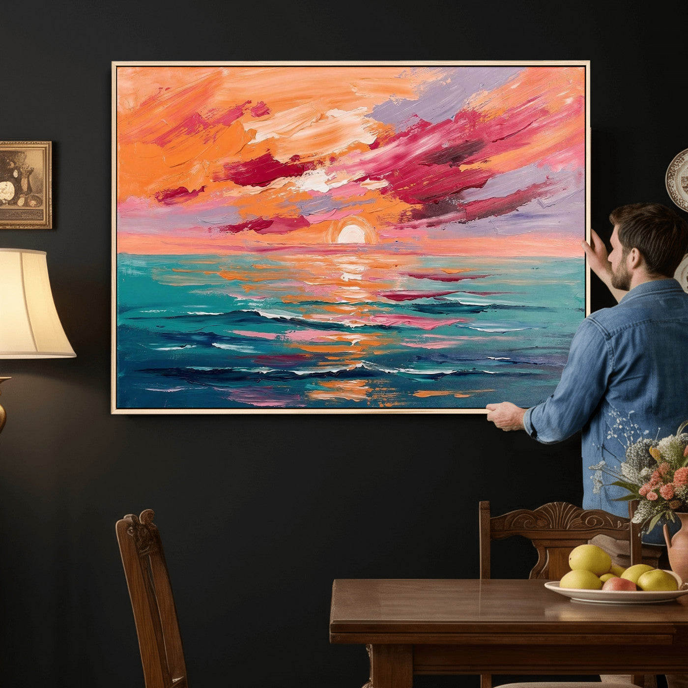 26763902-MGV-CV-36X24 - Bold Palette Knife Ocean Sunset Canvas — Orange Pink Teal Expressionist Sea Print | Colorful Coastal Wall Art | Vibrant Beach Decor Gift