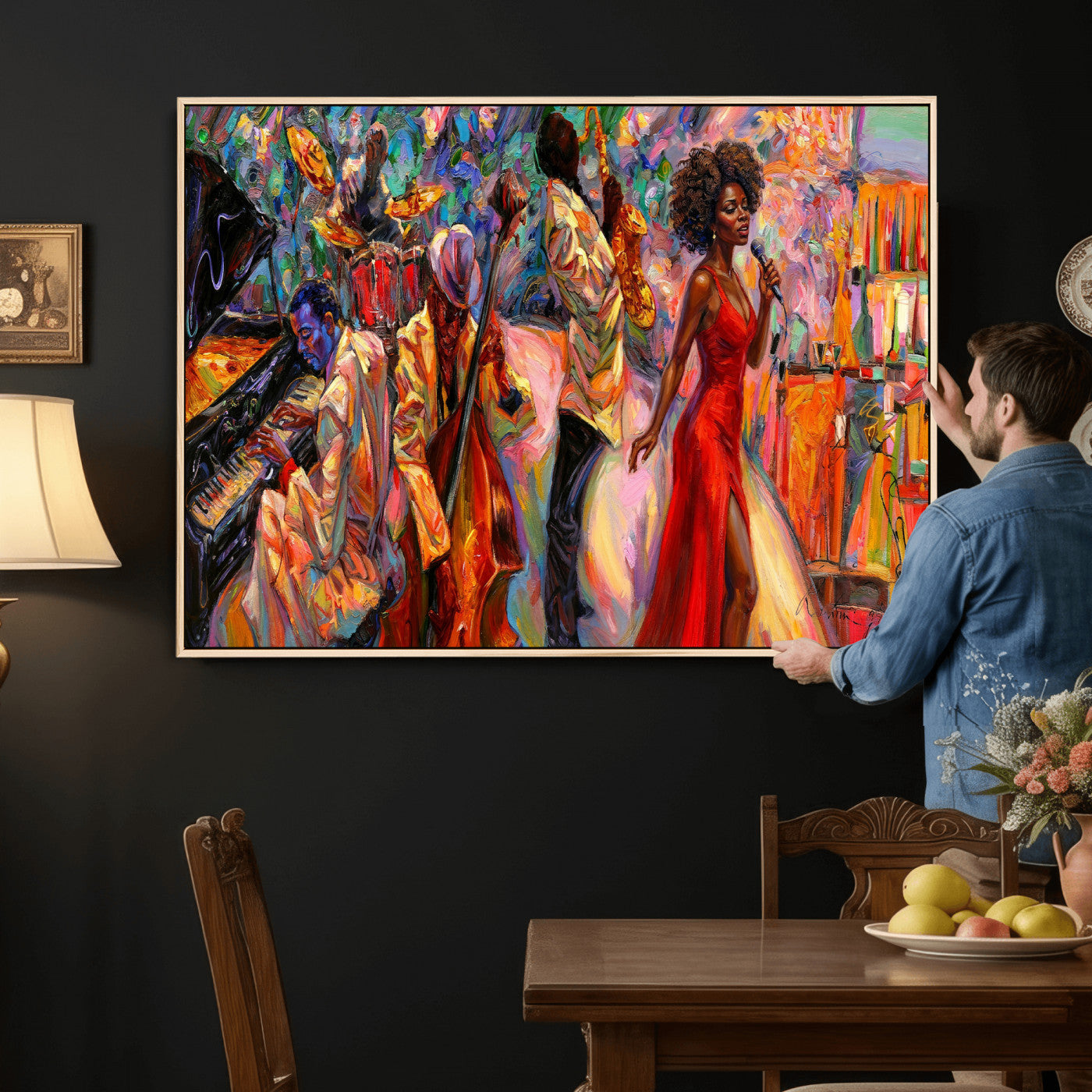 72615137-MGV-CV-36X24 - African American Jazz Singer Canvas Art - Red Dress Black Woman Music Print | Colorful Jazz Band Wall Decor | Living Room Gift for Her
