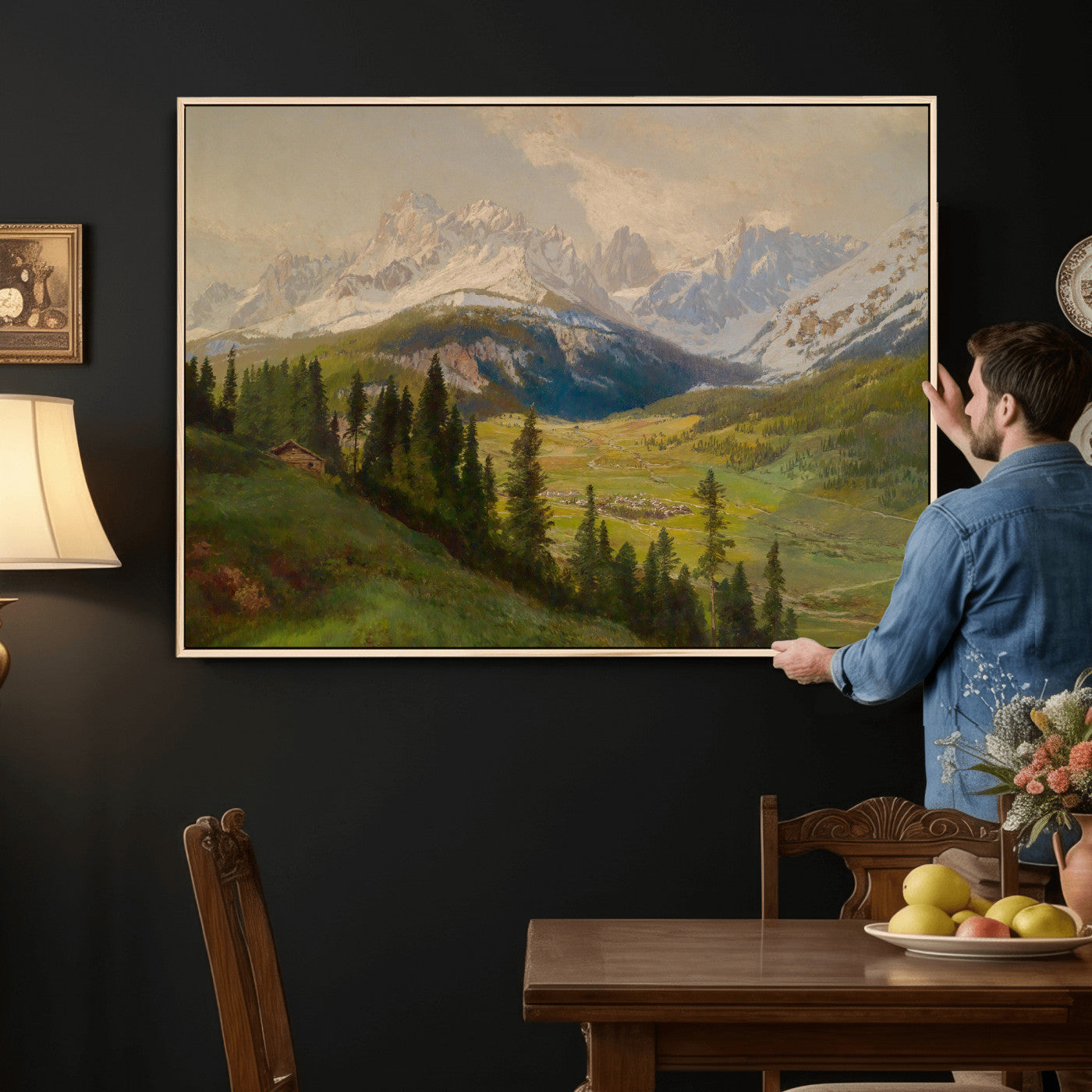 23120262-MGV-CV-36X24 - Konrad Petrides Sexten Village Canvas Print, Alpine Mountain Valley Painting, Dolomites Landscape Art