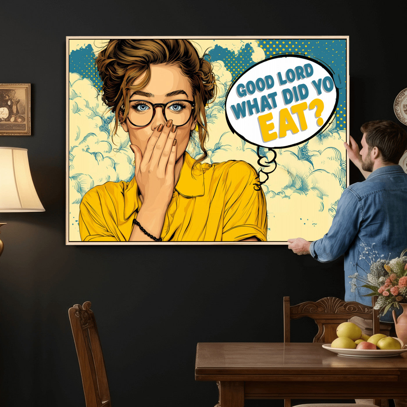 35819669-MGV-CV-36X24 - Pop Art Print Bathroom Sign Wall Art Canvas Print — Funny Bathroom Canvas | Comic Style Toilet Wall Decor | Humor Gift | Yellow Bold Bathroom Art