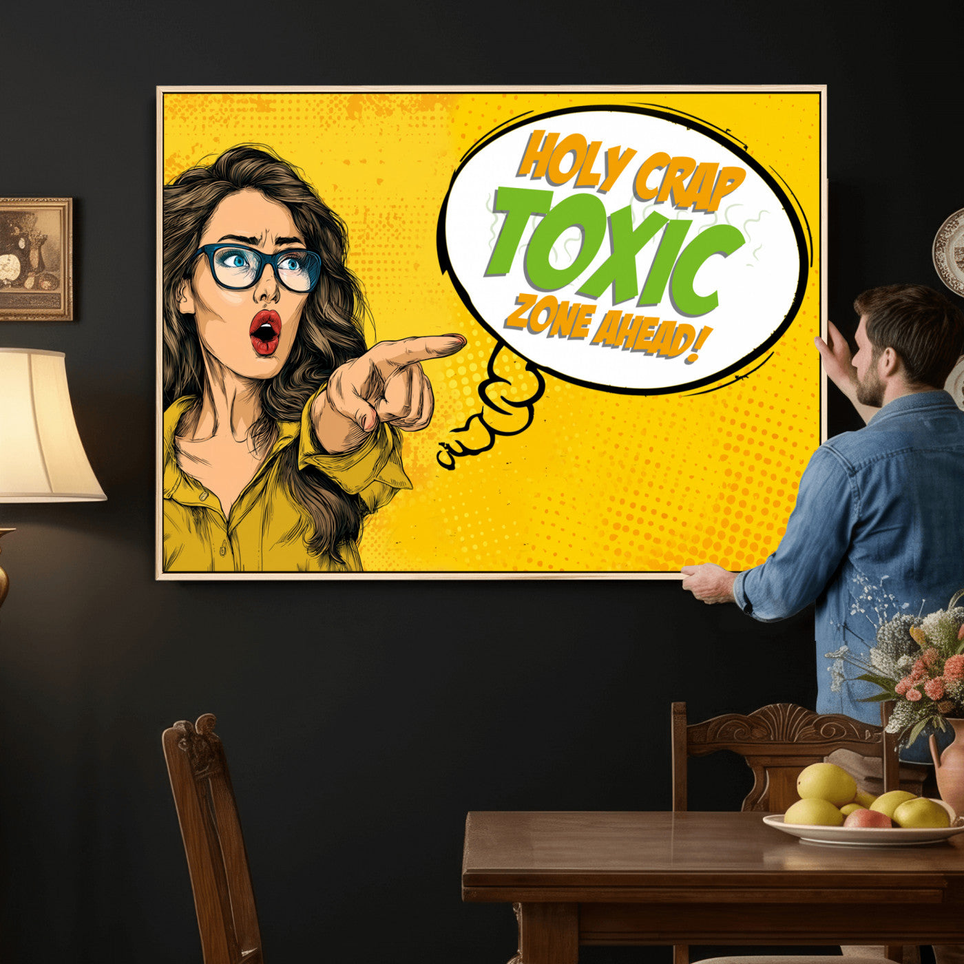 79156505-MGV-CV-36X24 - Pop Art Print Bathroom Sign Wall Art Canvas Print — Funny Bathroom Canvas | Comic Style Toilet Wall Decor | Humor Gift | Yellow Bold Bathroom Art