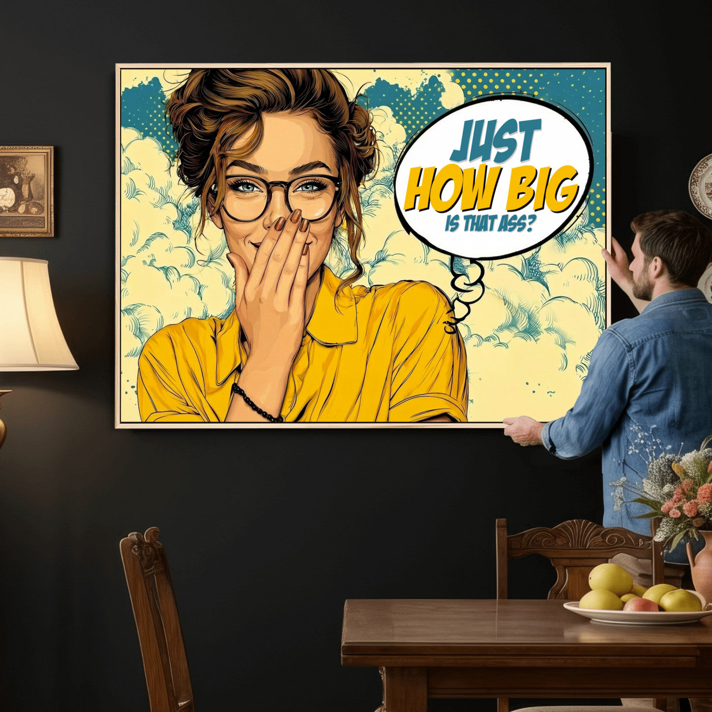 T79156505-MGV-CV-36X24 - Pop Art Print Bathroom Sign Wall Art Canvas Print — Funny Bathroom Canvas | Comic Style Toilet Wall Decor | Humor Gift | How Big Ass