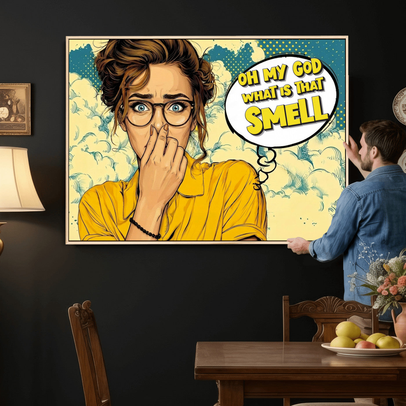 B79156505-MGV-CV-36X24 - Pop Art Print Bathroom Sign Wall Art Canvas Print — Funny Bathroom Canvas | Comic Style Toilet Wall Decor | Humor Gift | What is that Smell