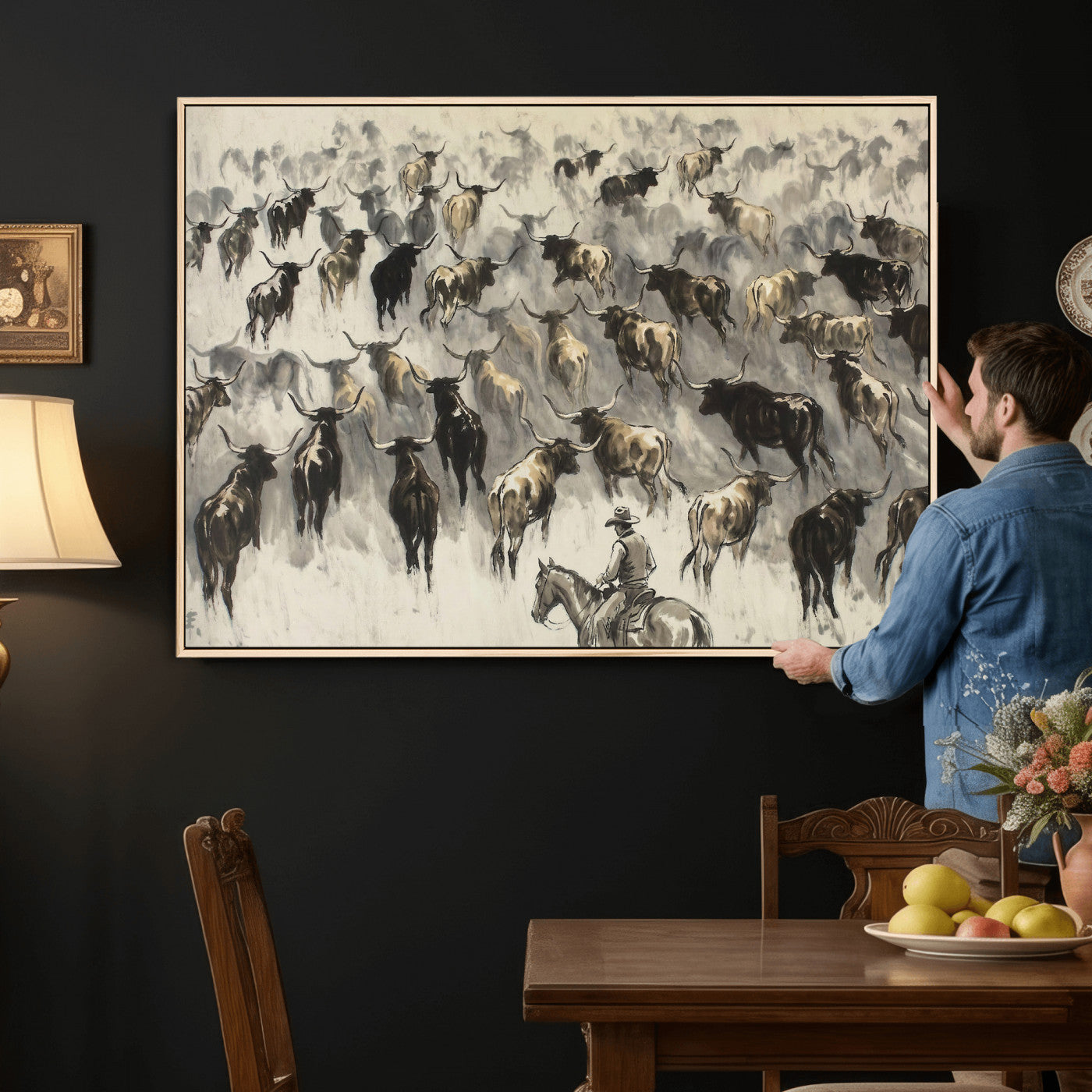 48049876-MGV-CV-36X24 - Cowboy Cattle Drive Canvas Wall Art, Western Longhorn Herd Ink Painting Print, Ranch Rodeo Decor, Black White Western Art, Large Living Room Art