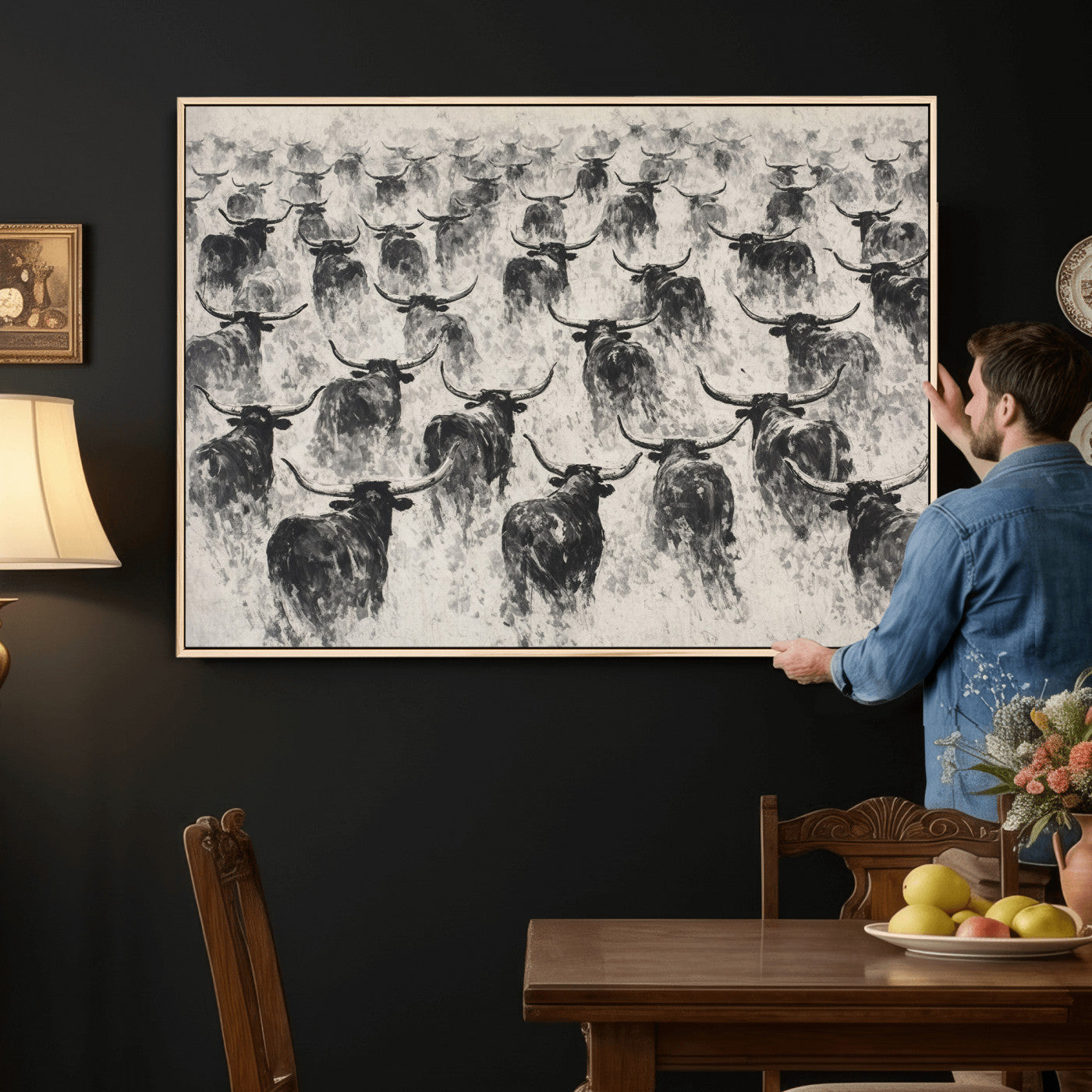 73328525-MGV-CV-36X24 - Texas Longhorn Drawing Canvas Wall Art, Western Cattle Stampede Painting Print, Warm Amber Ranch Decor, Rustic Cowboy Home Art, Large Living Room Decor