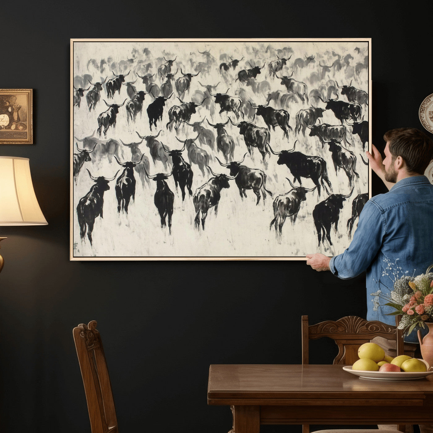 68669792-MGV-CV-36X24 - Longhorn Cattle Canvas Wall Art, Black White Stampede Ink Painting Print, Western Farmhouse Decor, Bull Herd Art, Large Living Room Wall Art, Ranch Home Decor