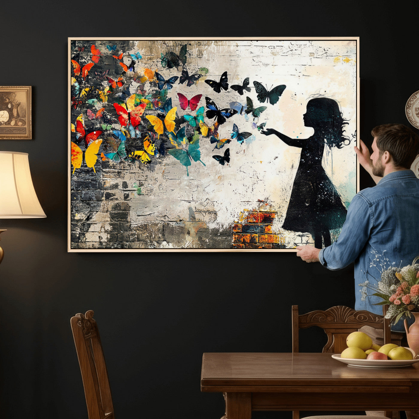 33909022-MGV-CV-36X24 - Banksy Butterfly Girl Wall Art Canvas Print, Framed Street Art Silhouette Graffiti Artwork, Colorful Butterfly Wall Decor for Living Room Bedroom Office