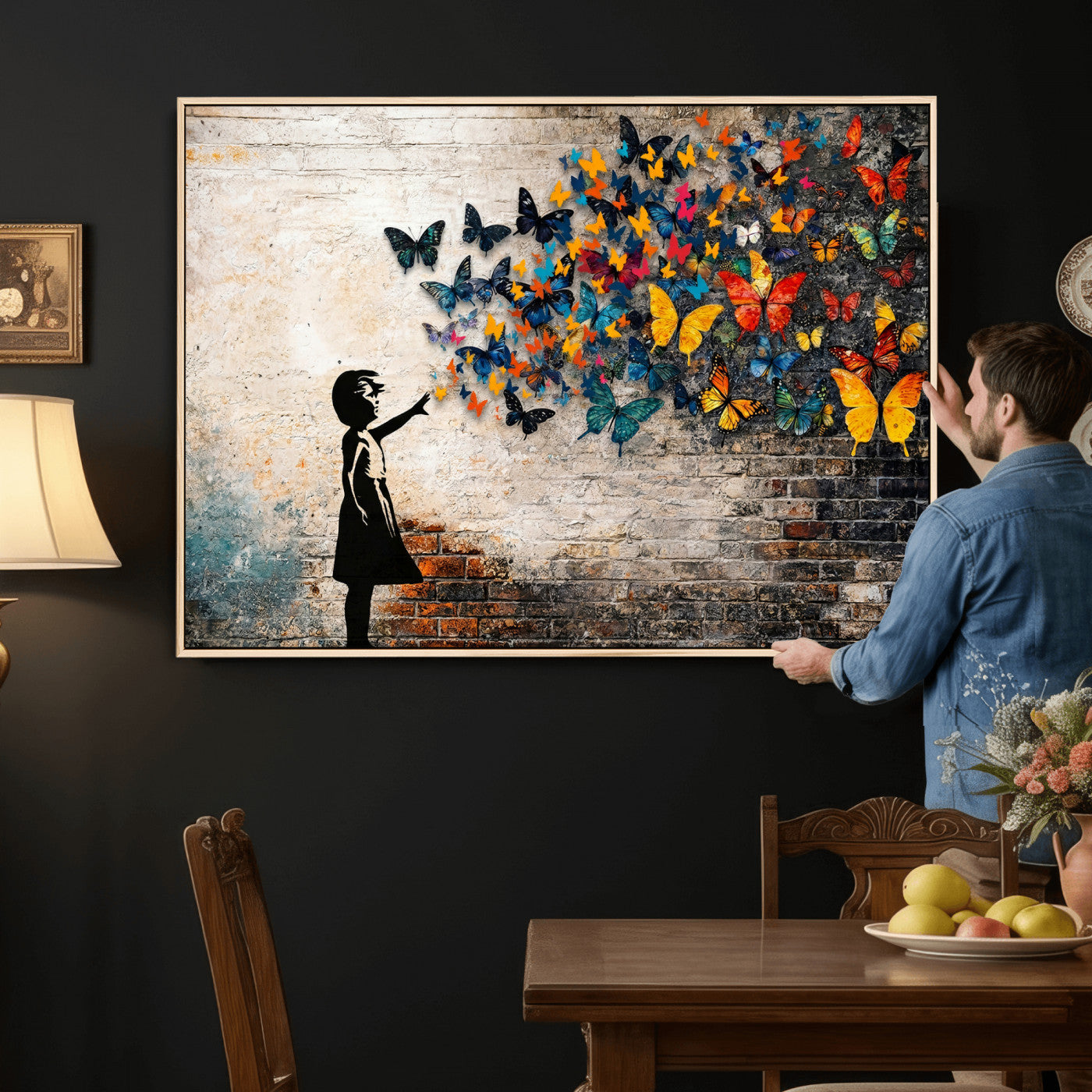 78760384-MGV-CV-36X24 - Banksy Graffiti Butterfly Girl Wall Art Canvas Print, Framed Street Art Canvas Print, Silhouette Butterfly Wall Art for Living Room Bedroom Office