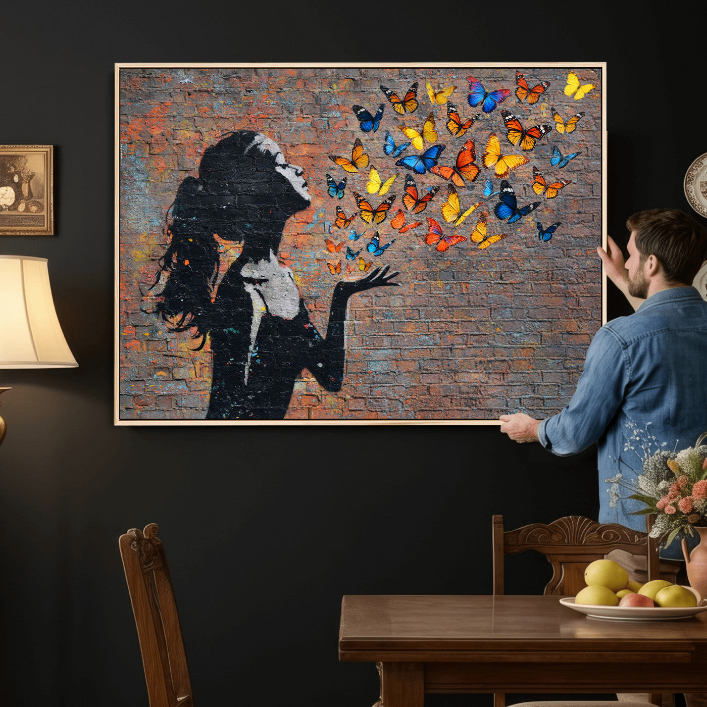 10555939-MGV-CV-36X24 - Urban Banksy Butterfly Girl Wall Art Canvas Print, Framed Street Art Canvas Print, Graffiti Silhouette Butterfly Wall Art for Living Room Bedroom Office