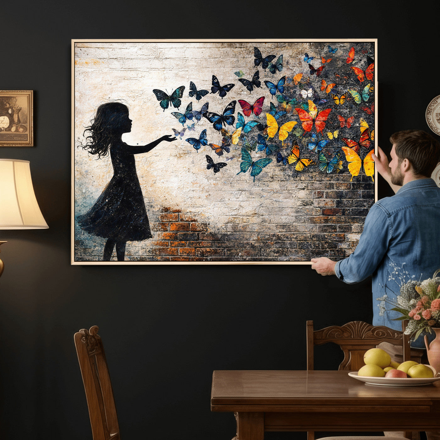 70522594-MGV-CV-36X24 - Banksy Butterfly Girl Wall Art Canvas Print, Framed Street Art Canvas Print, Graffiti Silhouette Butterfly Wall Art for Living Room Bedroom Office