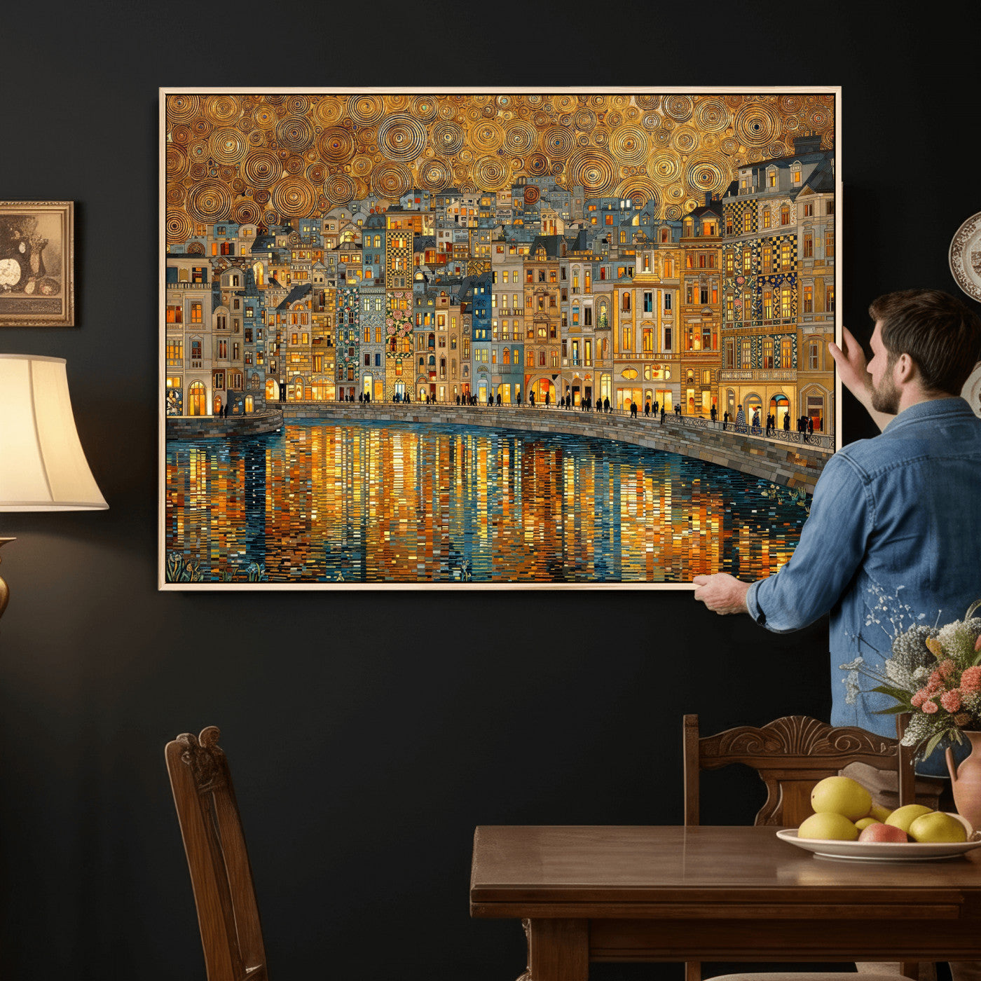 94022787-MGV-CV-36X24 - Gustav Klimt Golden Cityscape Wall Art Canvas Print, Framed River Town Landscape Artwork, Ornate Architecture Wall Decor for Living Room Bedroom Office