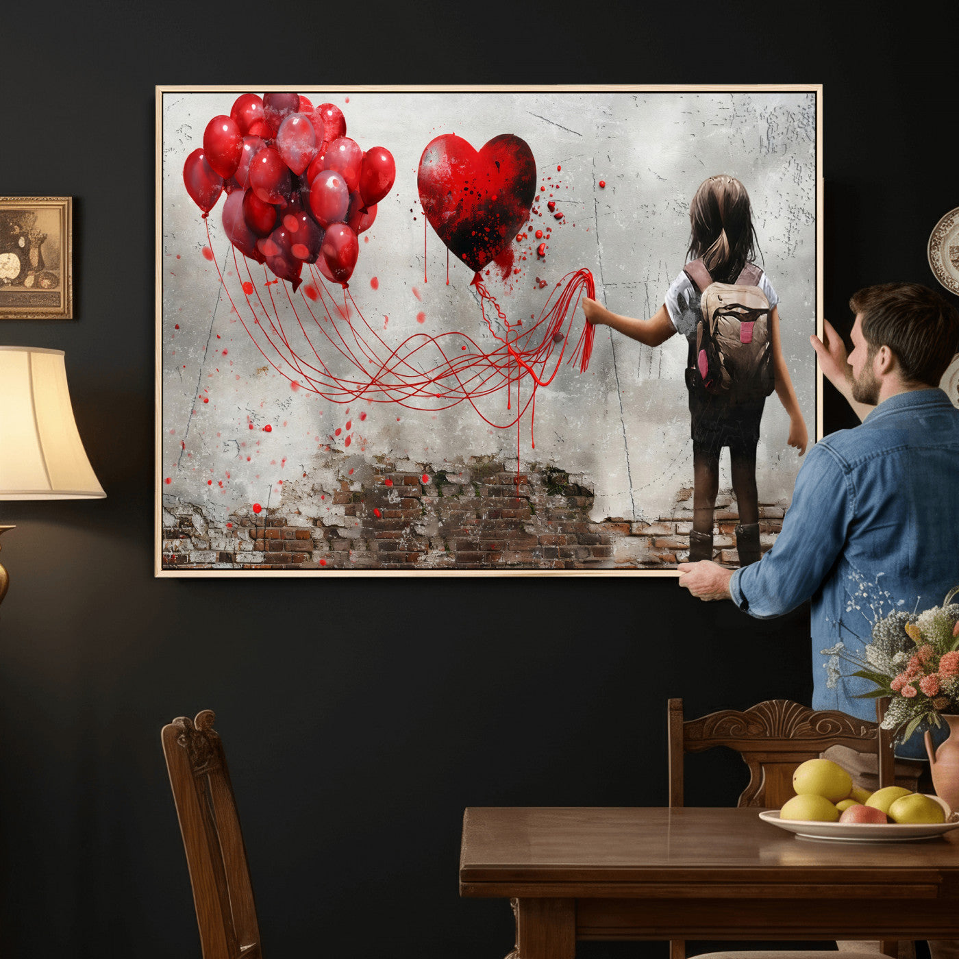 2162830T-MGV-CV-36X24 - Girl Graffiti Wall Art Canvas Print, Red Balloon Heart Street Art, Urban Love Artwork for Living Room Bedroom Hallway Office, Modern Abstract Canvas Wall Decor Home Decor