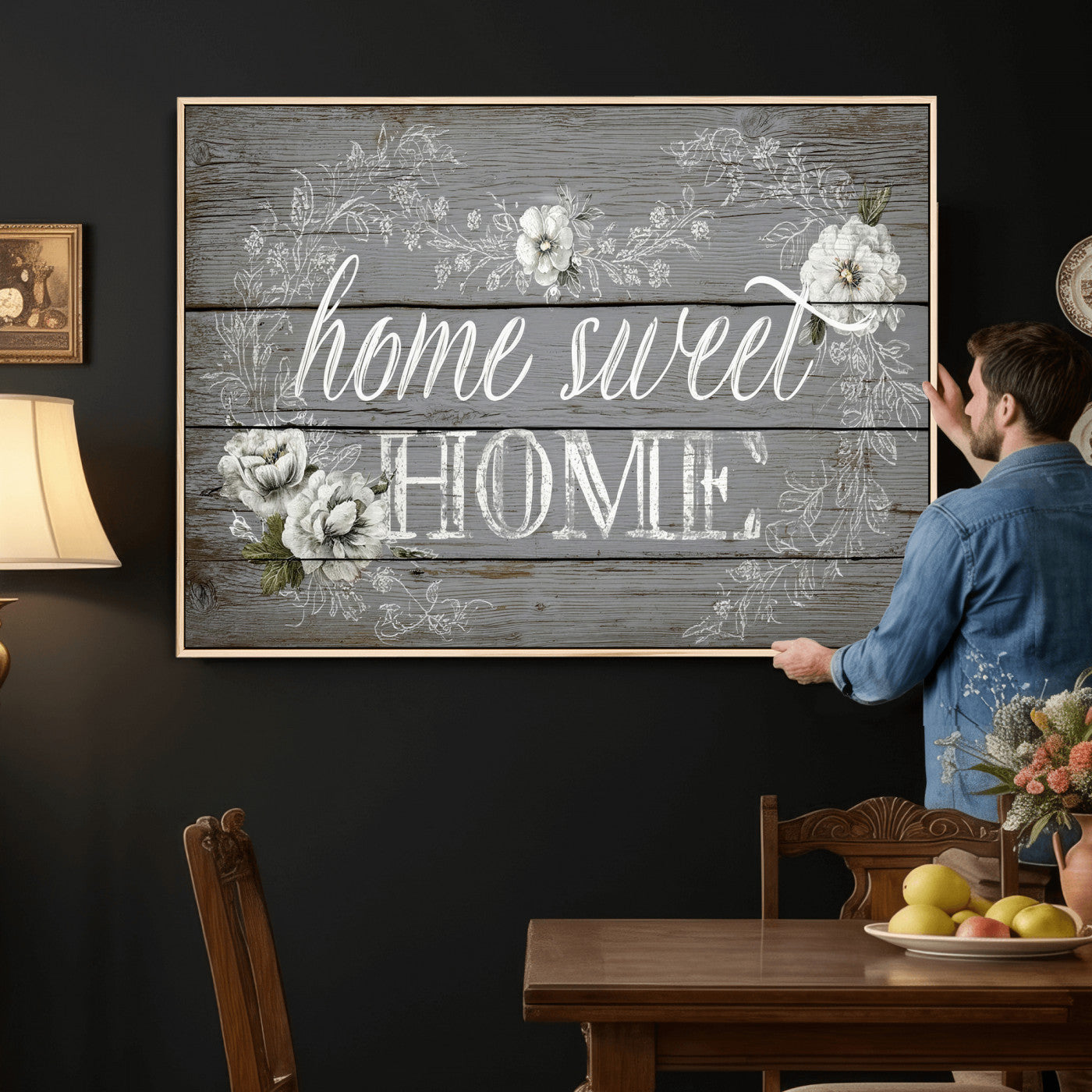 42160089-MGV-CV-36X24 - Home Sweet Home Sign Wall Art Canvas Print, Floral Farmhouse Sign, Rustic Neutral Entryway Bedroom Living Room Decor