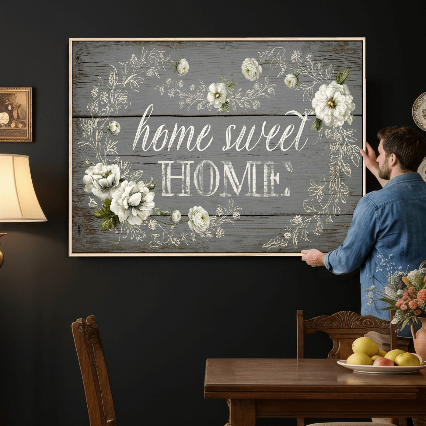 32056075-MGV-CV-36X24 - Home Sweet Home Wall Art Canvas Print, Floral Farmhouse Sign, Rustic Neutral Entryway Bedroom Living Room Decor