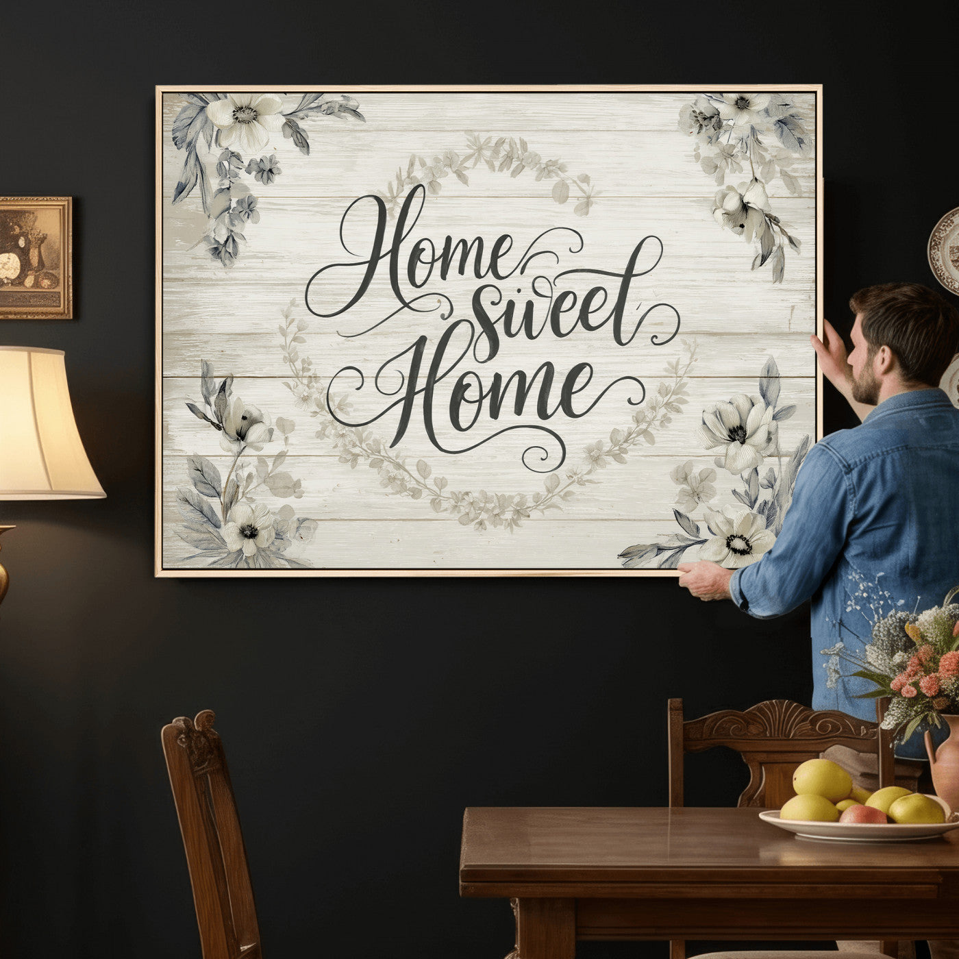 81157008-MGV-CV-36X24 - Home Sweet Home Wall Art Canvas Print, Floral Farmhouse Sign, Rustic Neutral Entryway Bedroom Living Room Decor