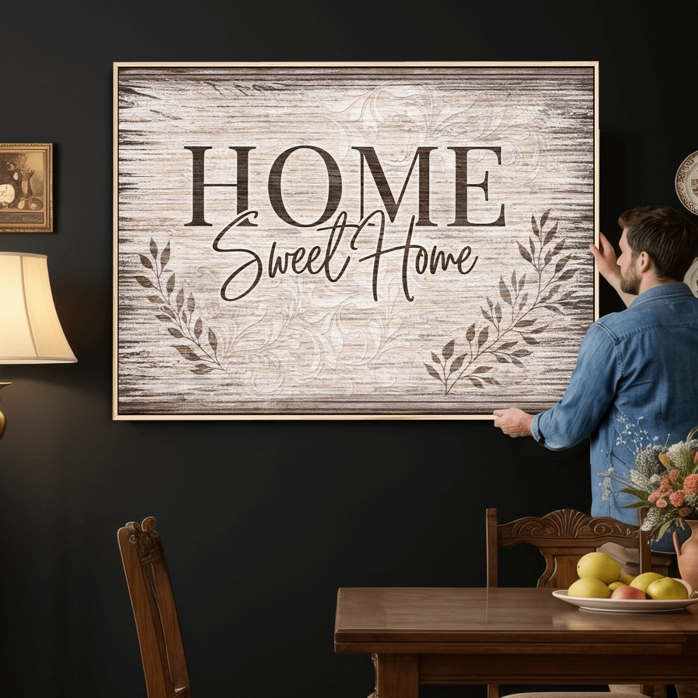 81157008S-MGV-CV-36X24 - Home Sweet Home Wall Art Canvas Print, Floral Farmhouse Sign, Rustic Neutral Entryway Bedroom Living Room Decor