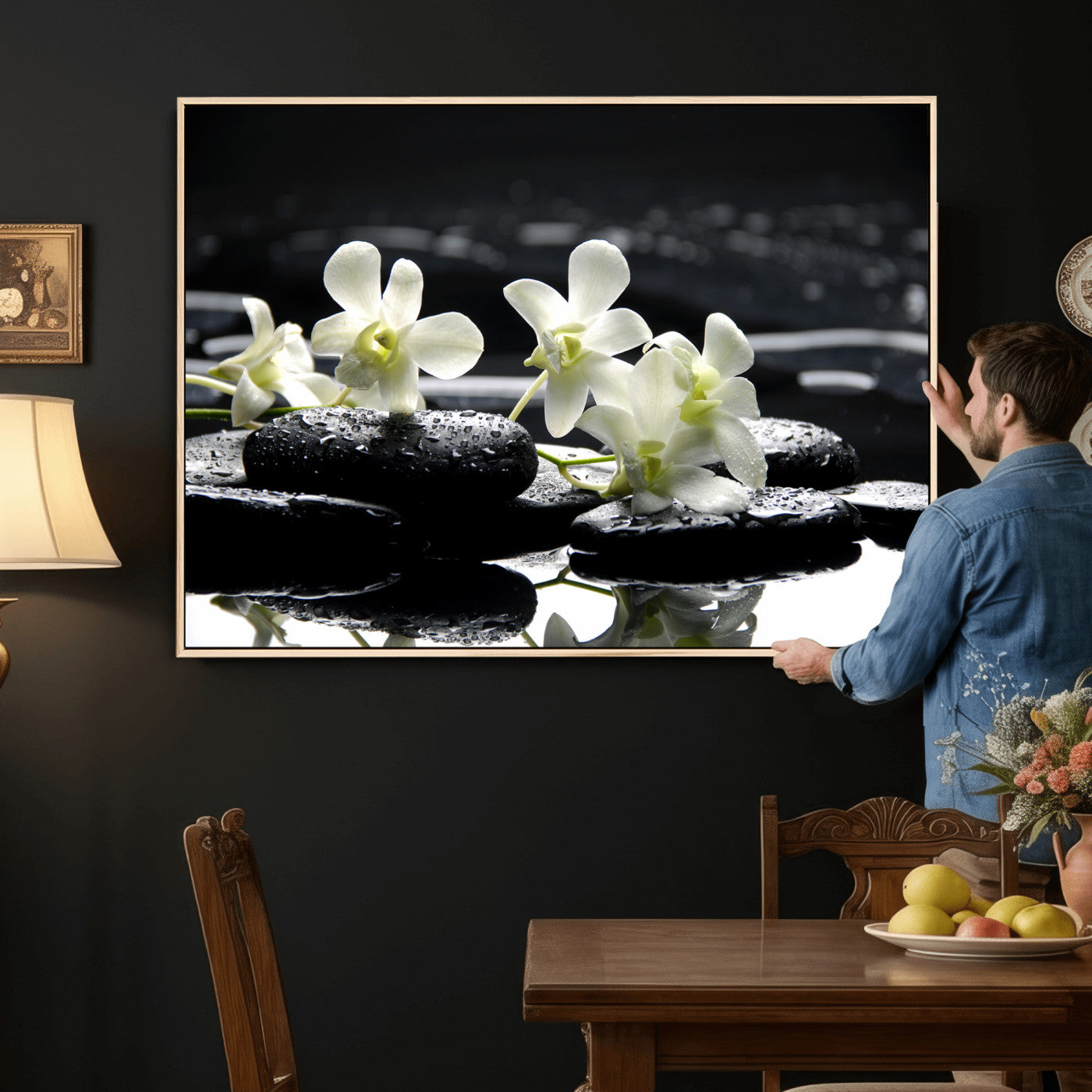 79486206-MGV-CV-36X24 - Plumeria Frangipani Black Stone Canvas | White Flower Spa Photography Print | Tropical Zen Wall Art | Grey Pebble Floral for Meditation Room Decor